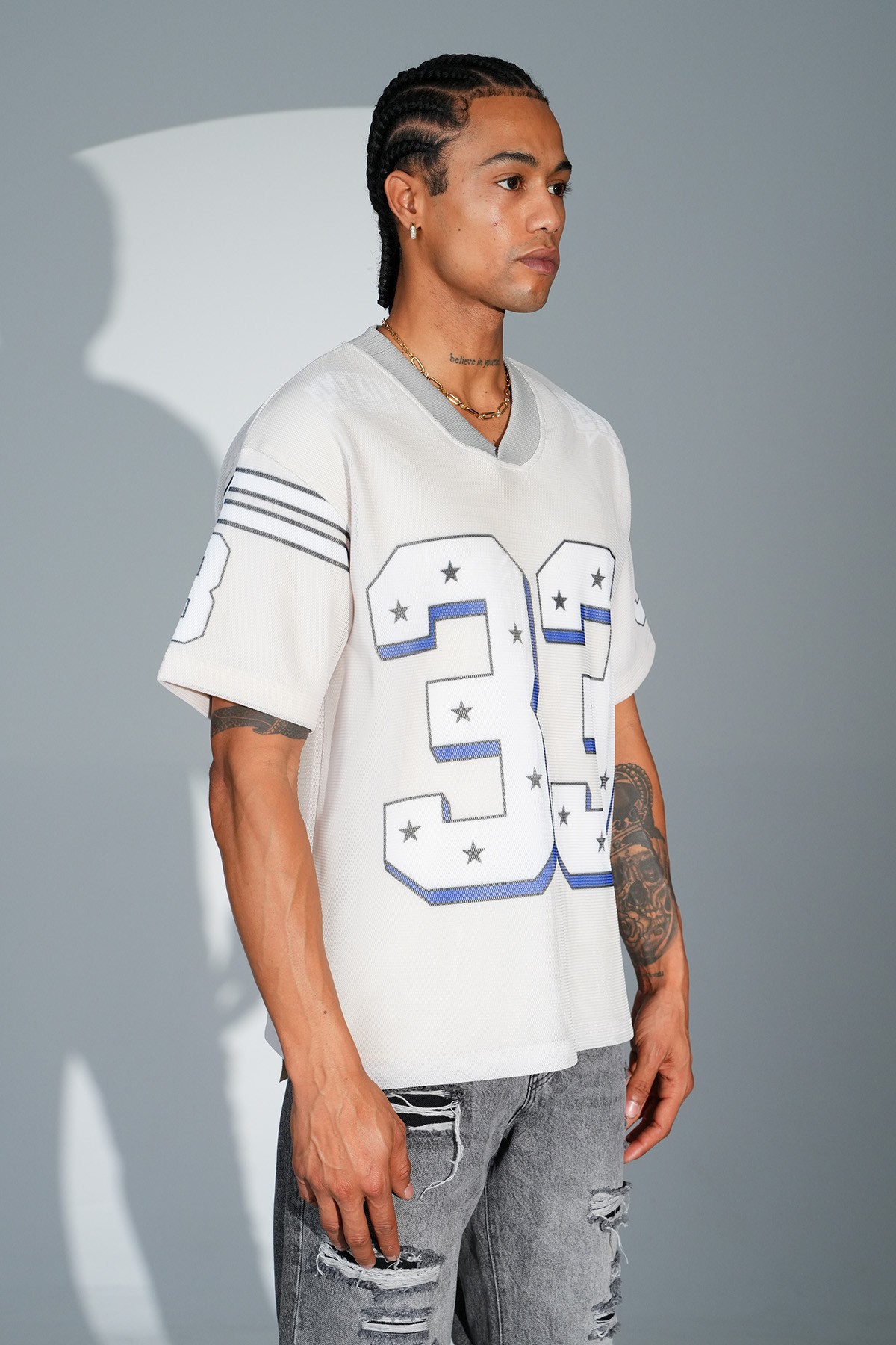 Printed V Neck Oversize T-Shirt - Beige