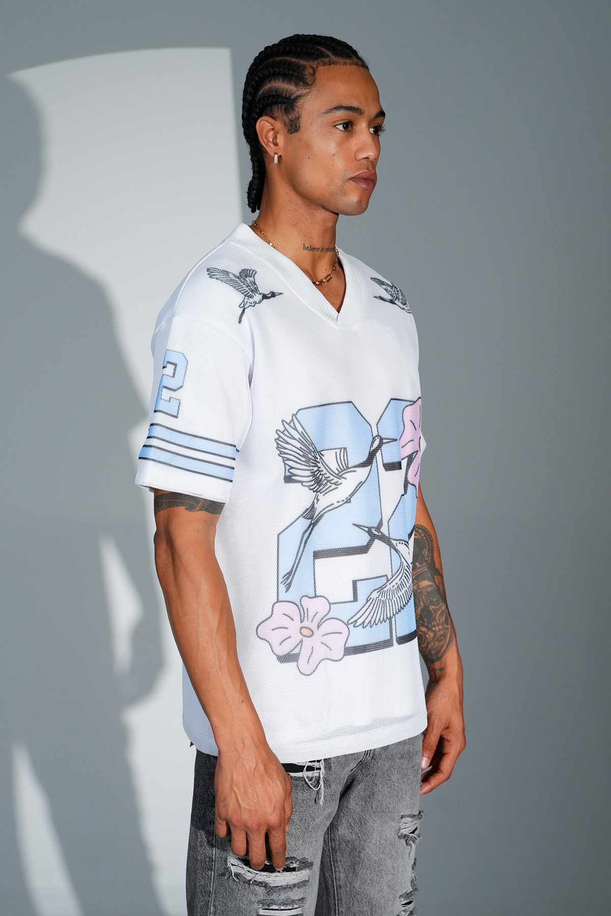 Printed V Neck Oversize T-Shirt - White