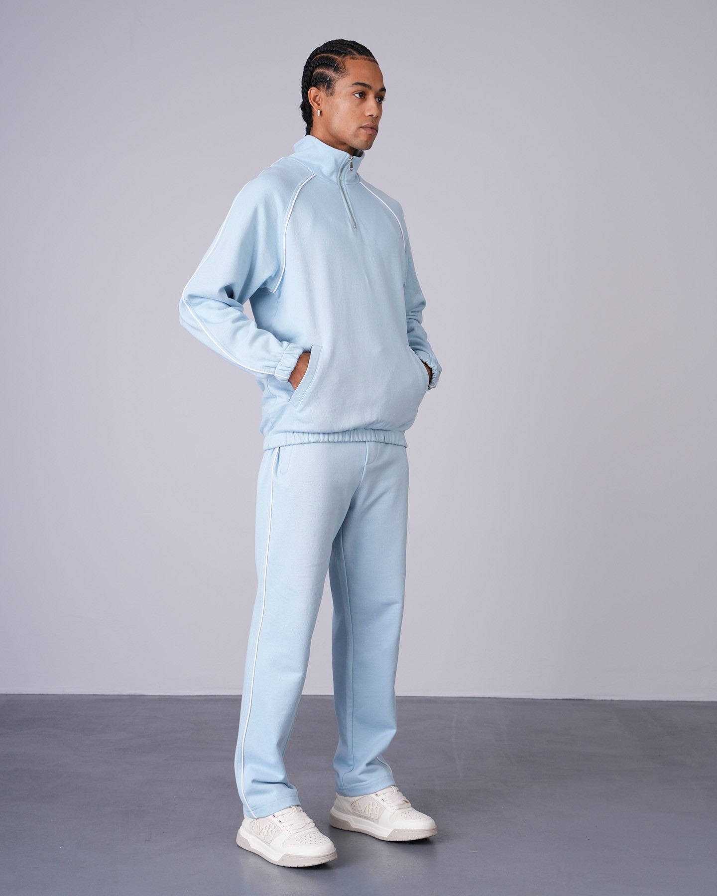 Regular Fit Collar Zippered Sweatshirt Trousers Set - blue