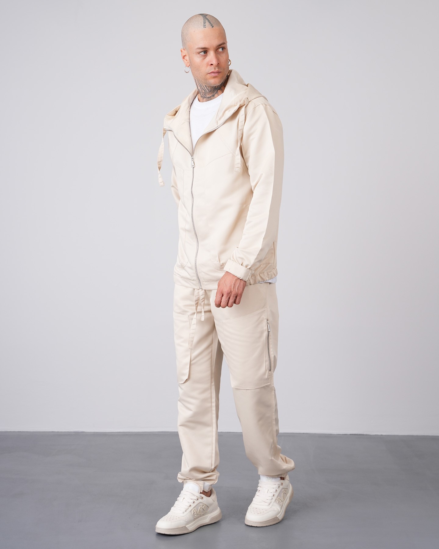 Regular Fit Hooded Jacket Trousers Set - Beige