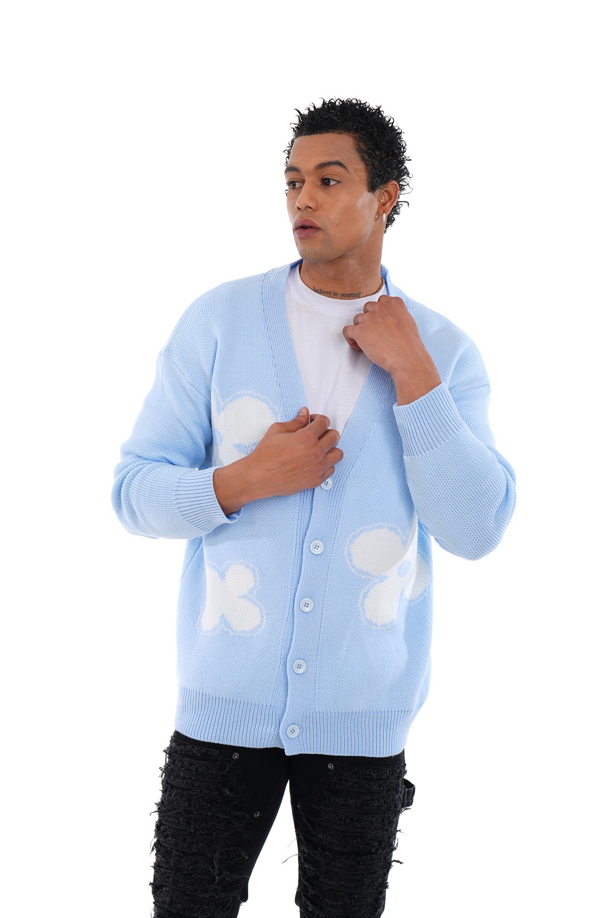 Daisy Motif Knitted Cardigan - blue