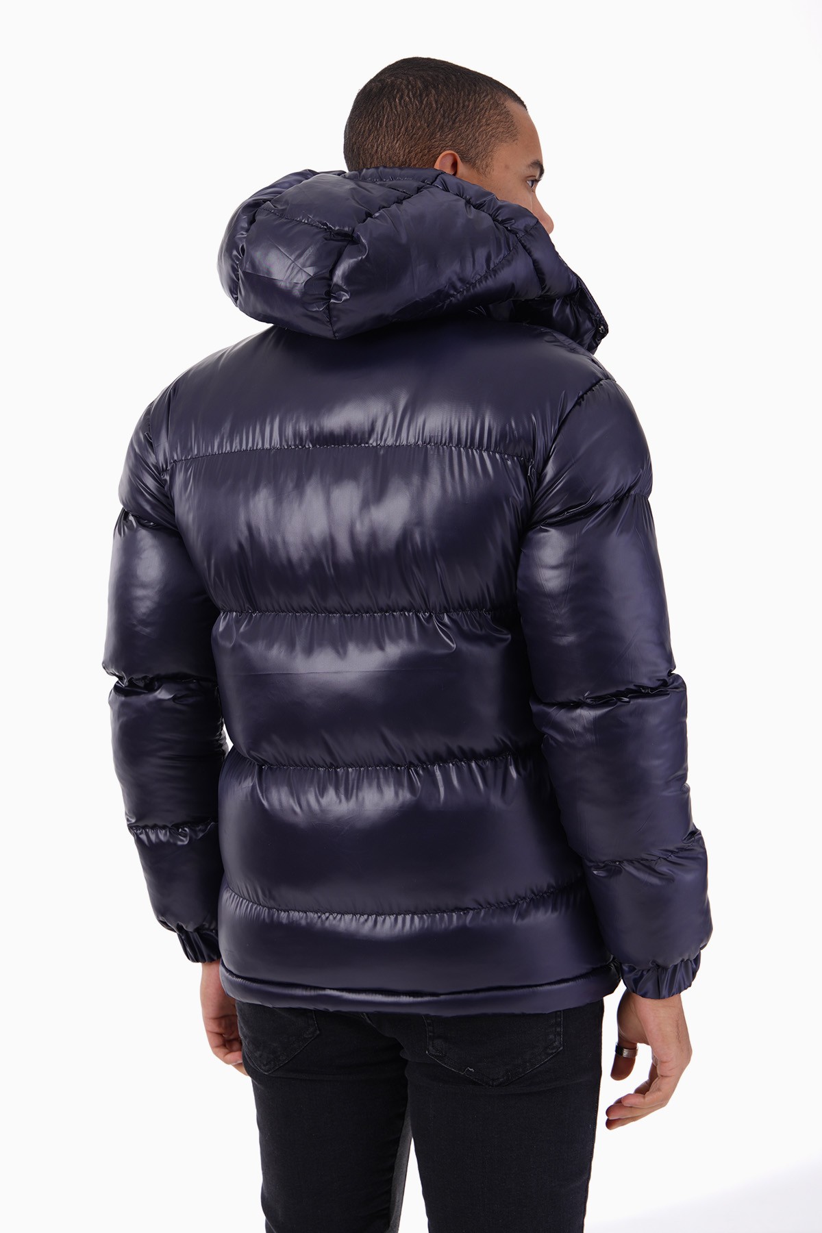 Shiny Hooded Puffer Jacket - Lacivert