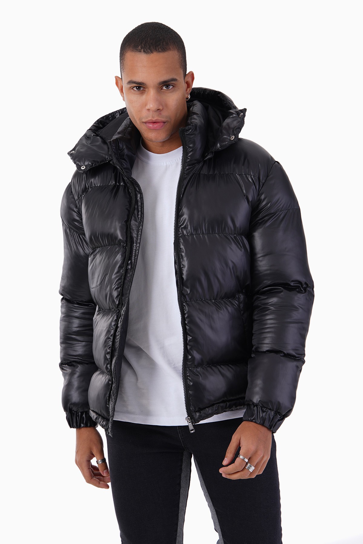 Shiny Hooded Puffer Jacket - black