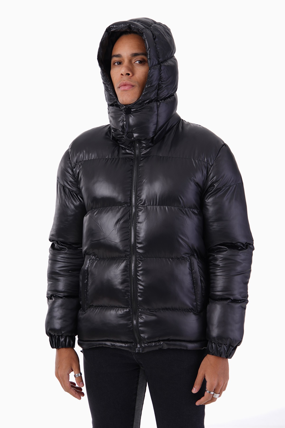 Shiny Hooded Puffer Jacket - black