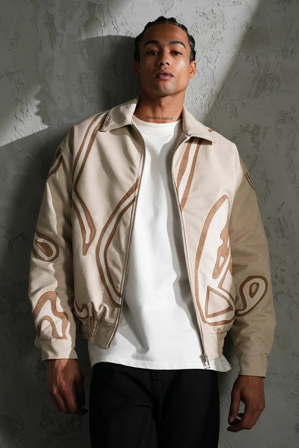 Stripe Detailed Leather Coat - Beige