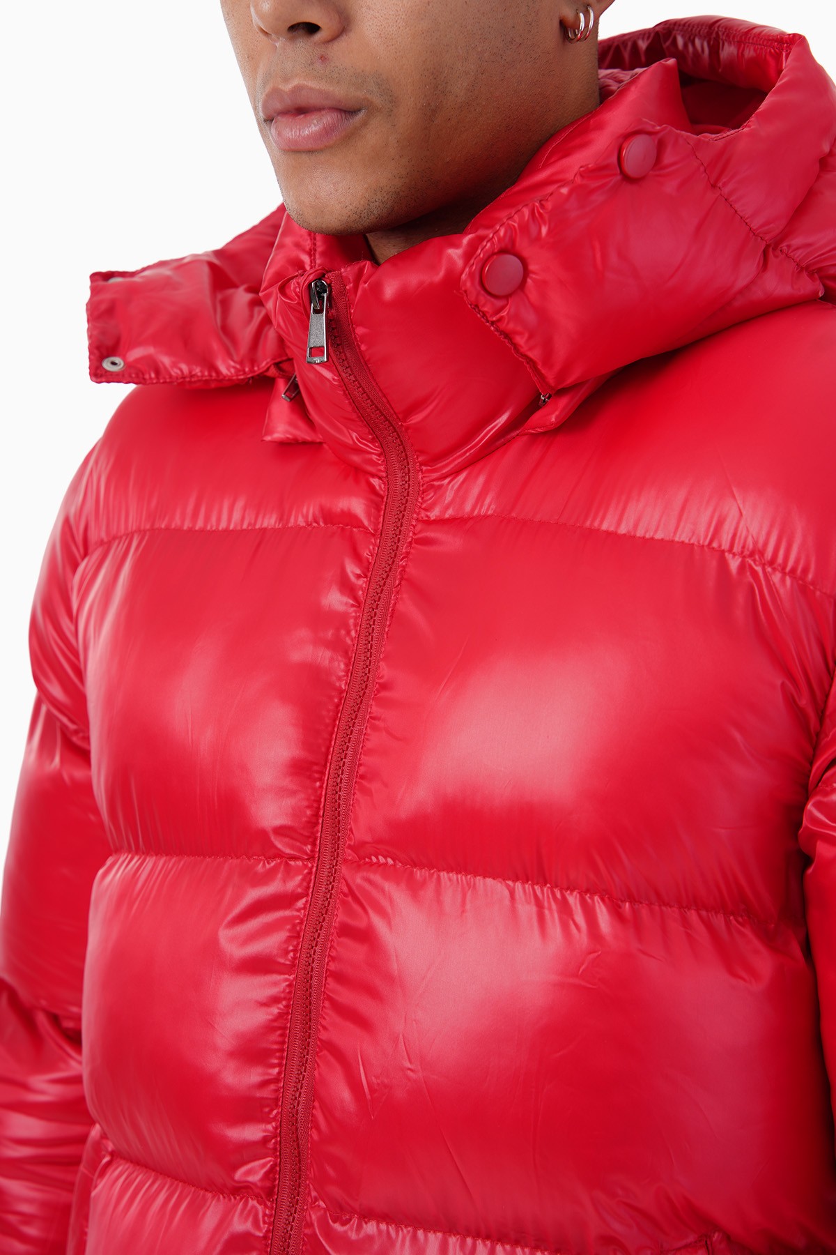 Shiny Hooded Puffer Jacket - red