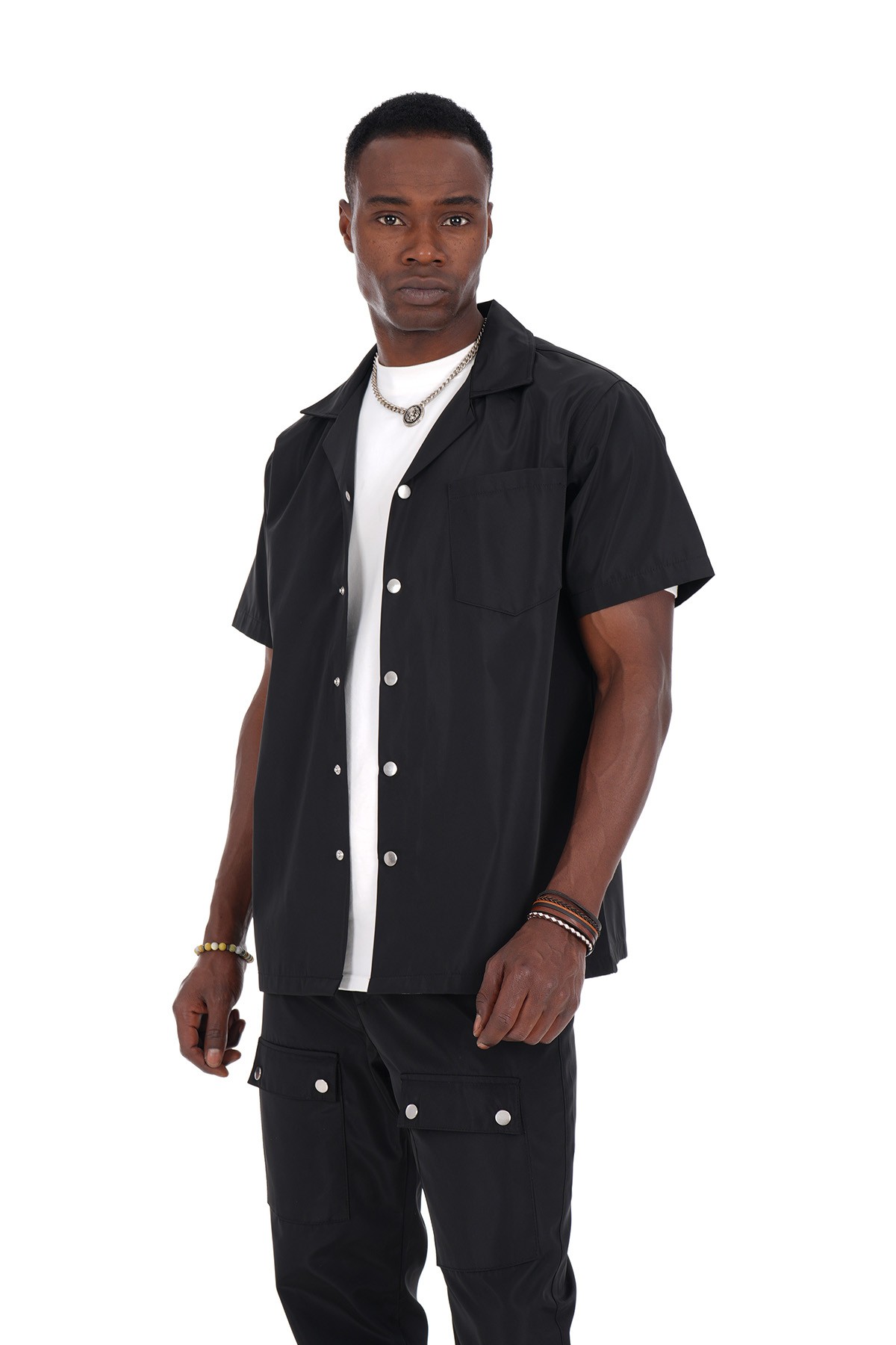 Snap Fastener Short Sleeve Shirt and Trousers Set