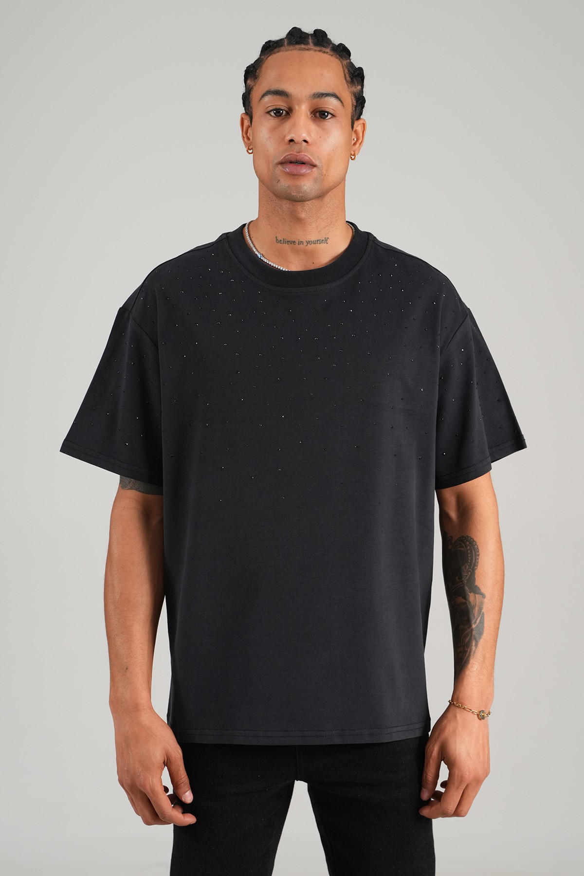 Taş işlemeli Oversize Tişört - black