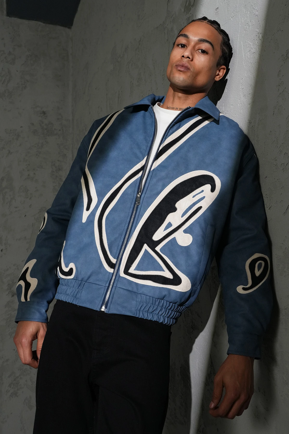 Stripe Detailed Leather Coat - blue