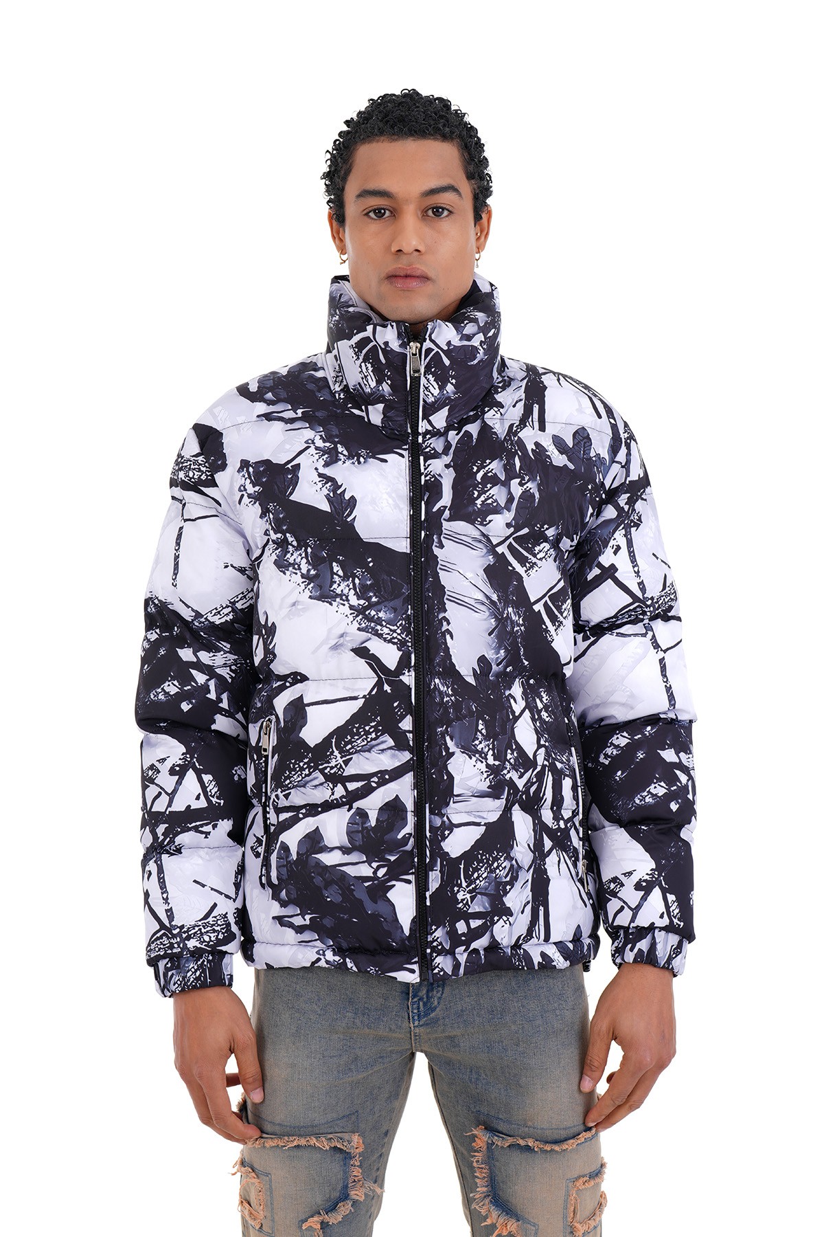 Mixed Pattern Puffer Jacket - Smoked