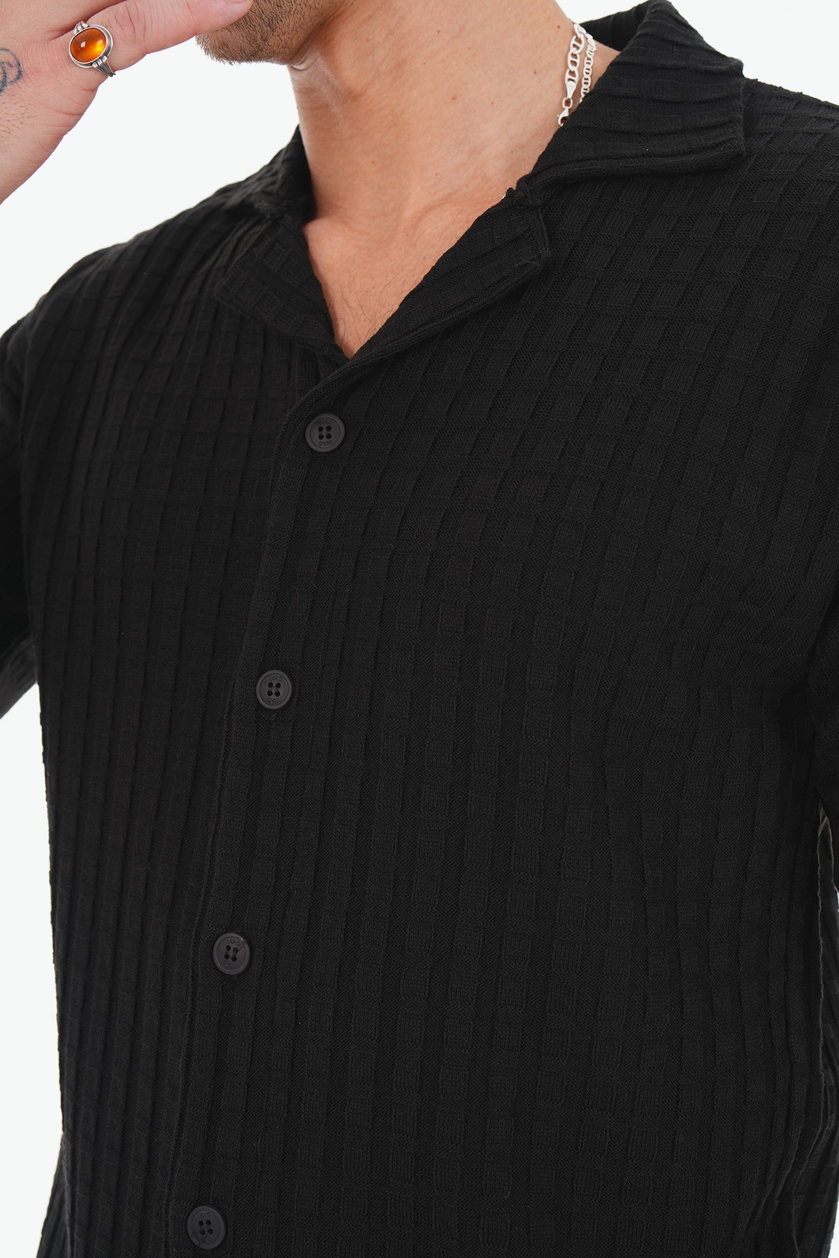 Mini Square Pattern Acrylic Shirt - black