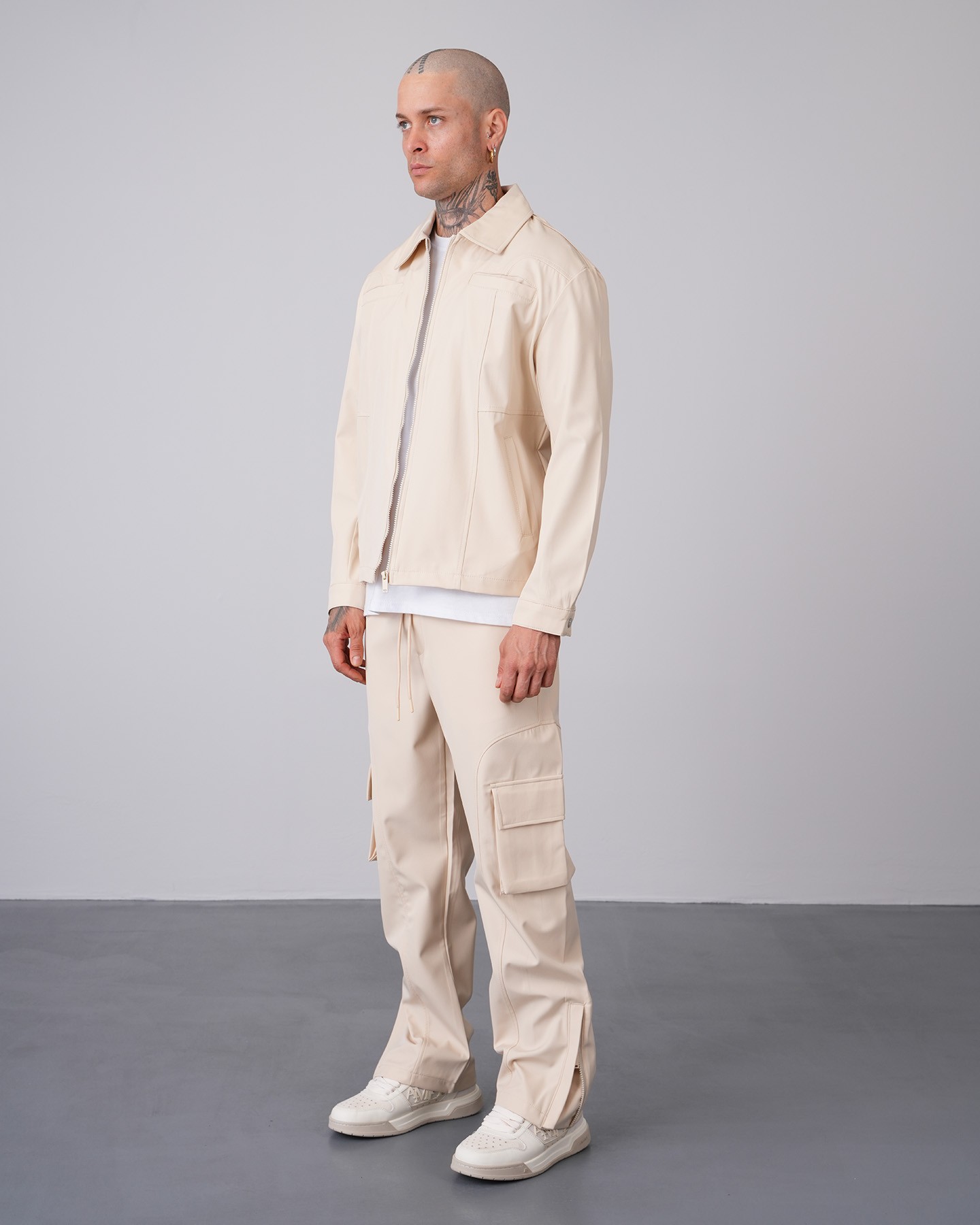 Regular Fit Zippered Jacket Trousers Set - Beige