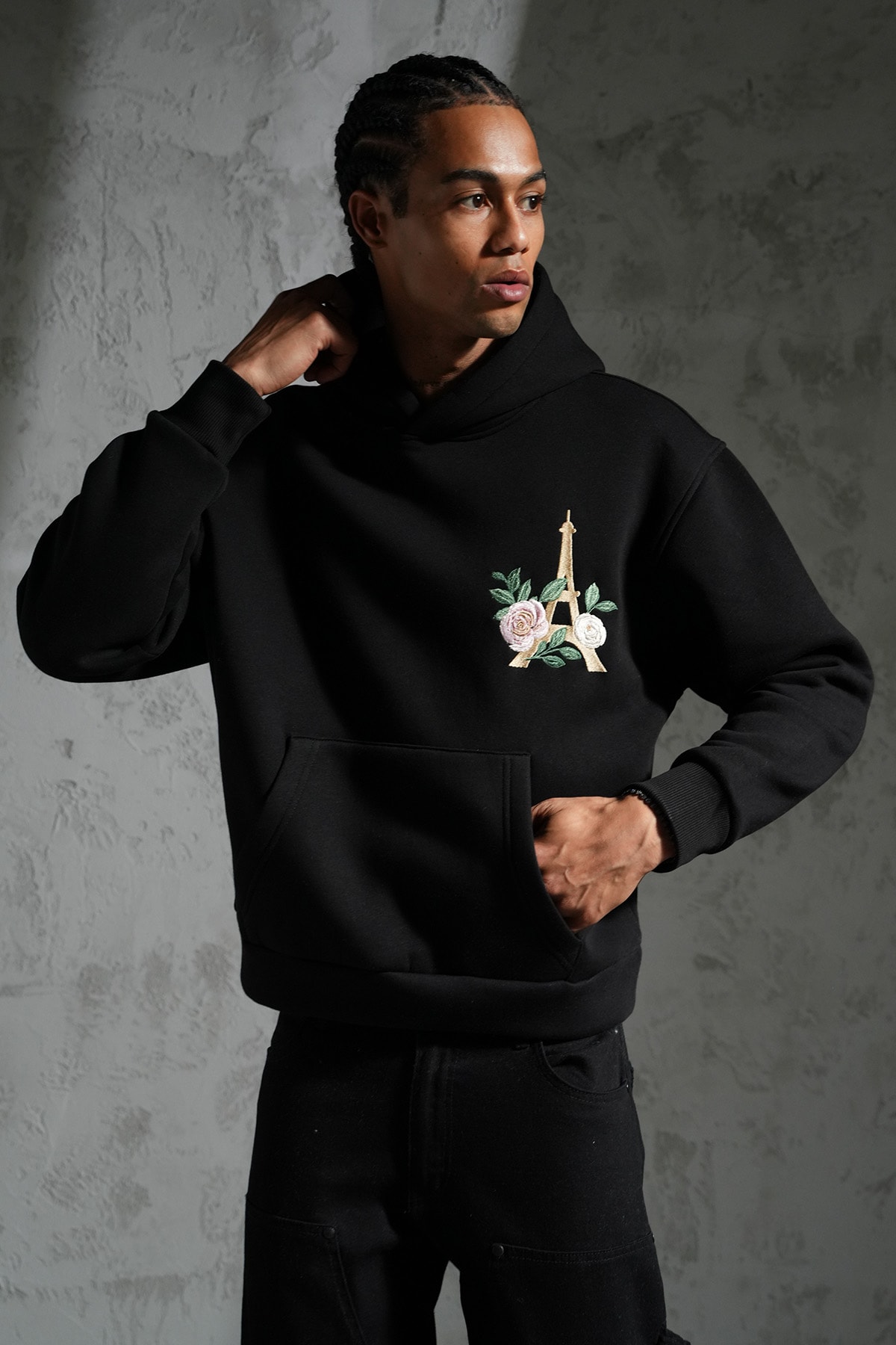 Eyfel ve Çiçek Detaylı Kapüşonlu Sweatshirt