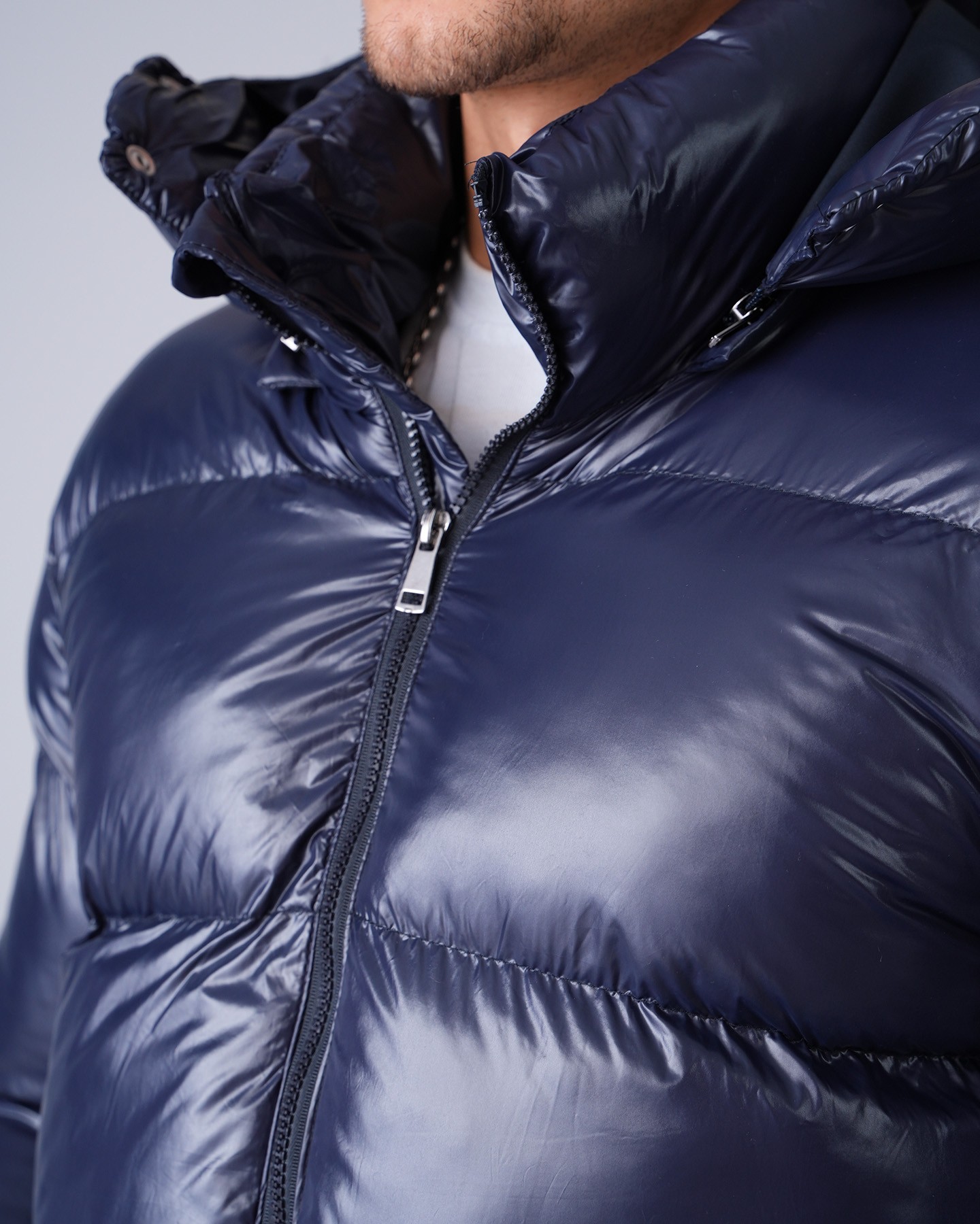 Shiny Hooded Puffer Jacket - Lacivert