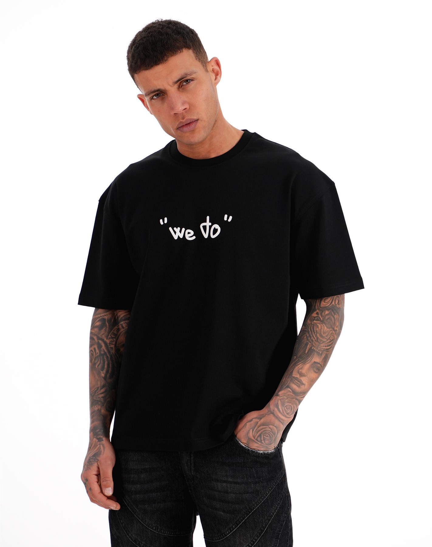 Baskılı Oversize Tişört - black