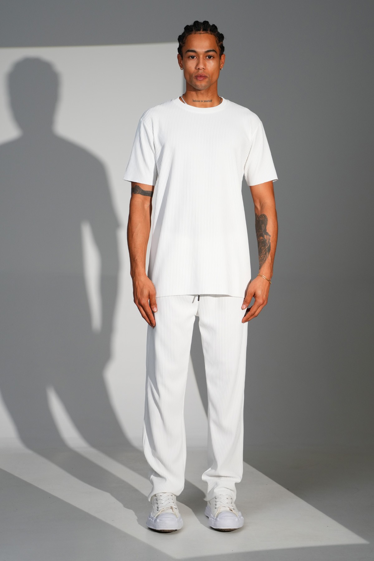 Fitilli Basic Tişört Pantolon Takım - Ecru