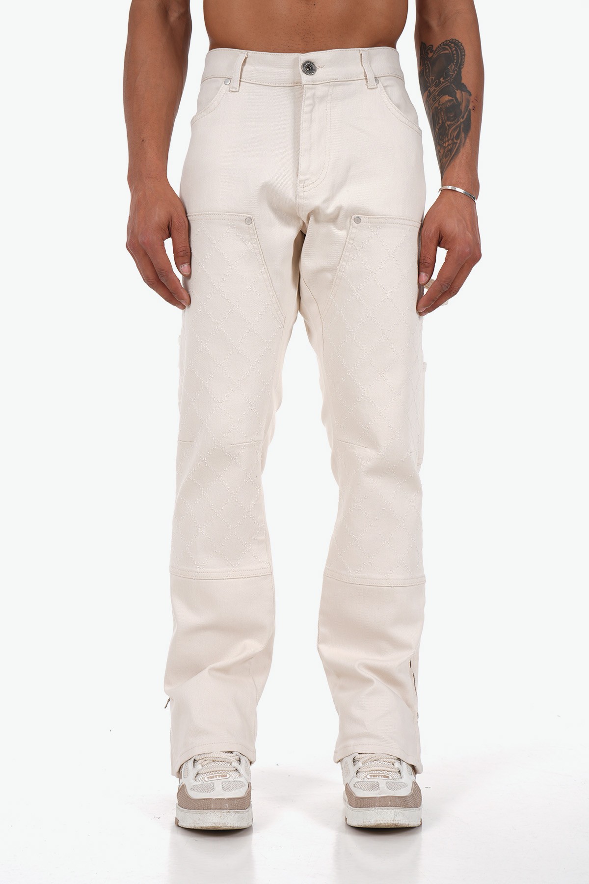 Baklava Desenli Regular Fit Zipped Kot Pantolon - Şampanya