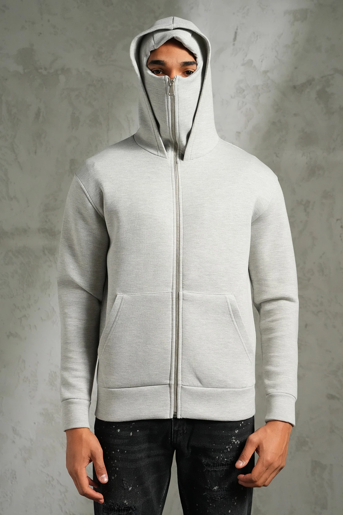 Çift Kapüşonlu Maskeli Fermuarlı Sweatshirt - gray