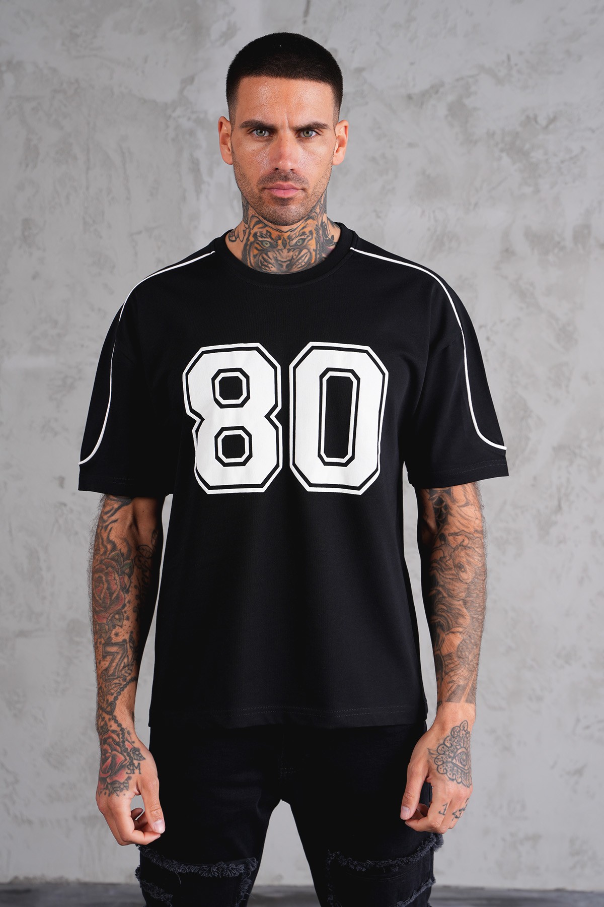 80 Baskılı Reglan Kol Oversize Tişört - black