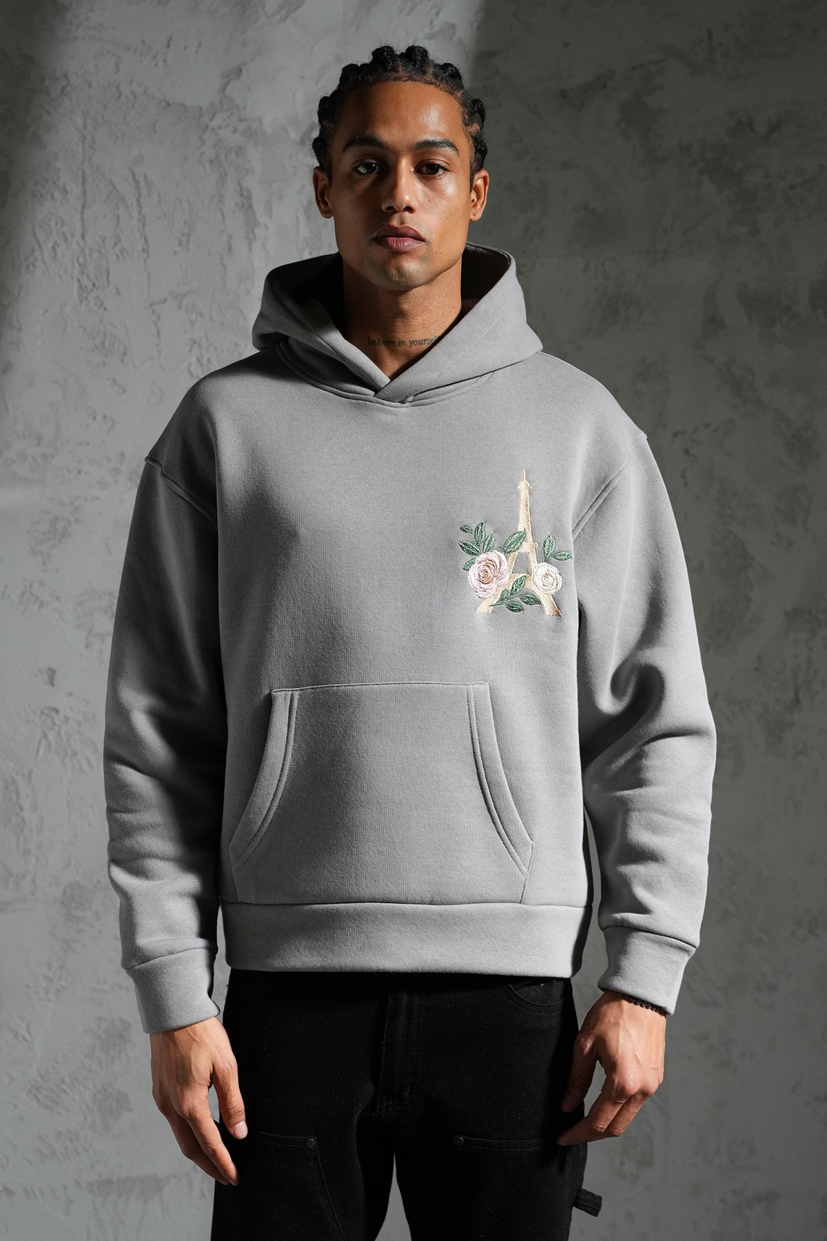 Eyfel ve Çiçek Detaylı Kapüşonlu Sweatshirt - anthracite