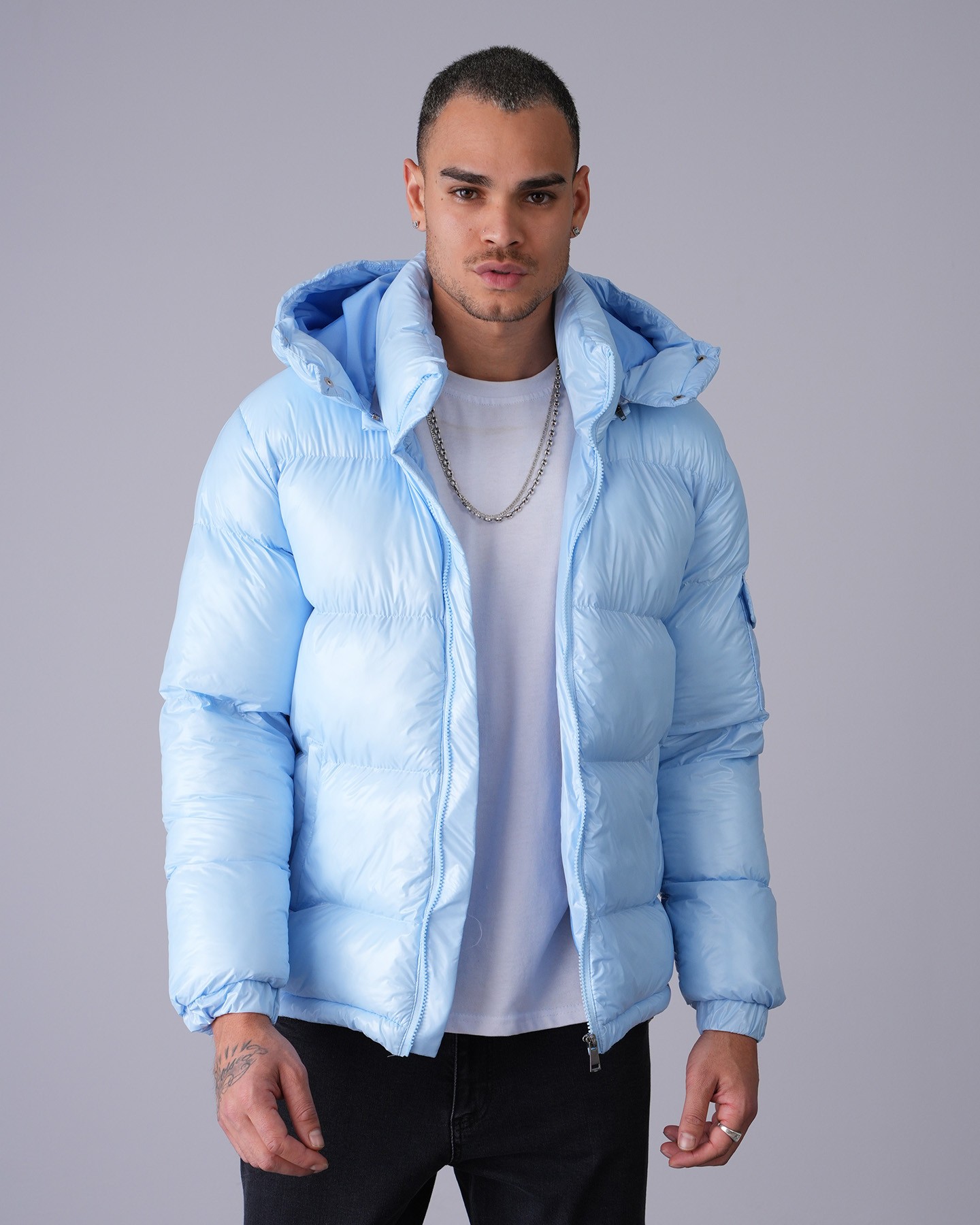 Shiny Hooded Puffer Jacket - blue