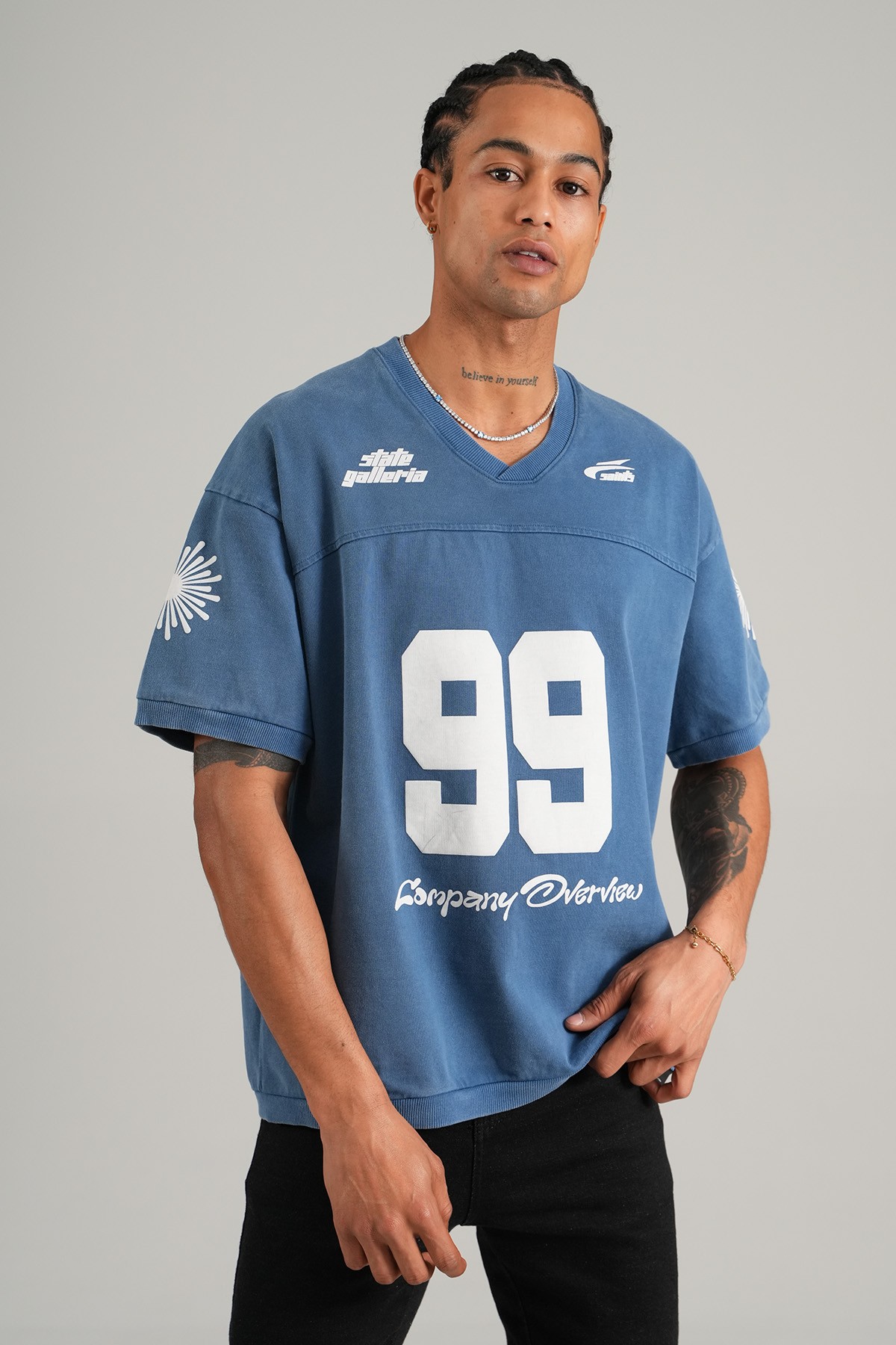 99 Baskılı V Yaka Oversize Tişört - Lacivert