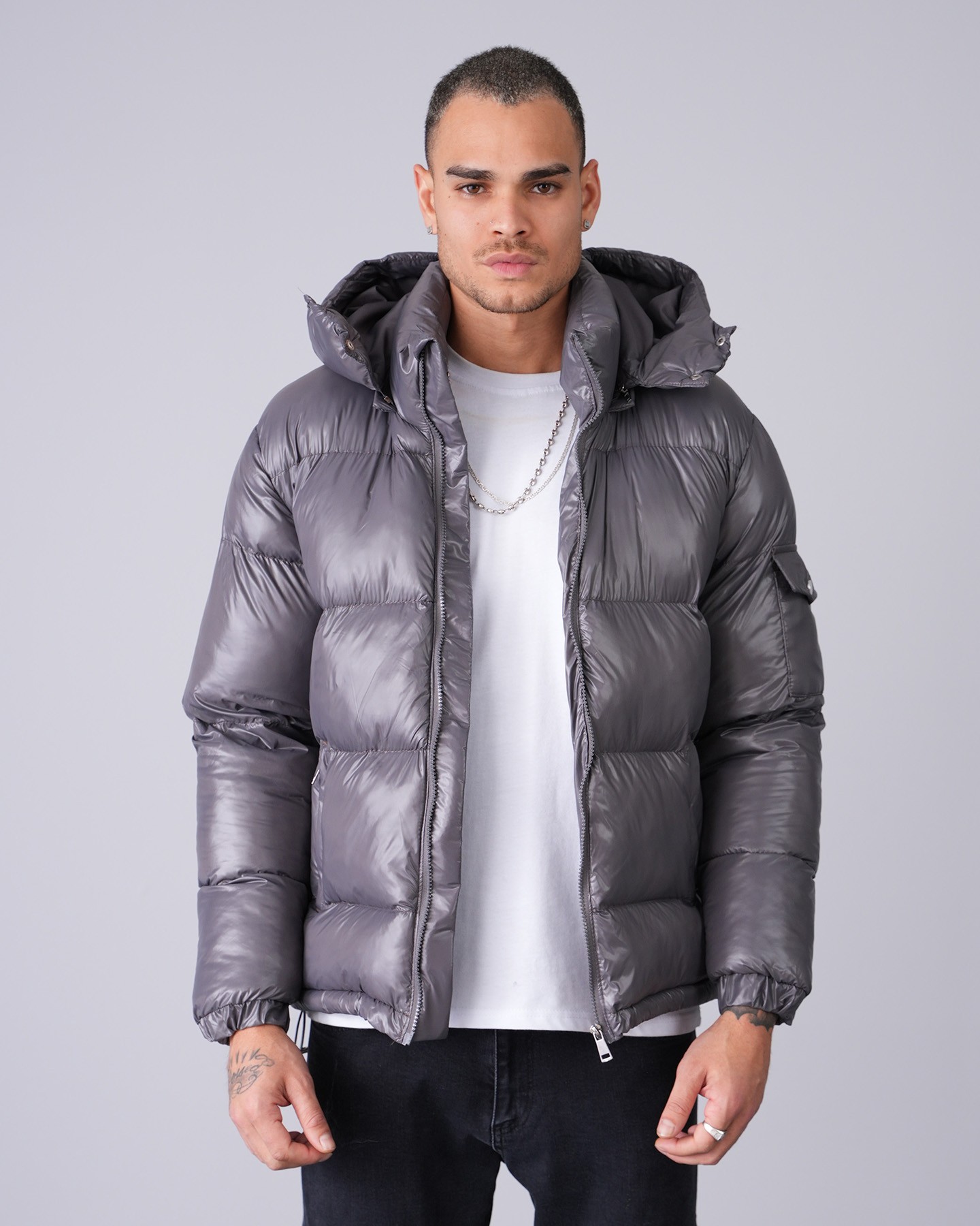 Shiny Hooded Puffer Jacket - anthracite