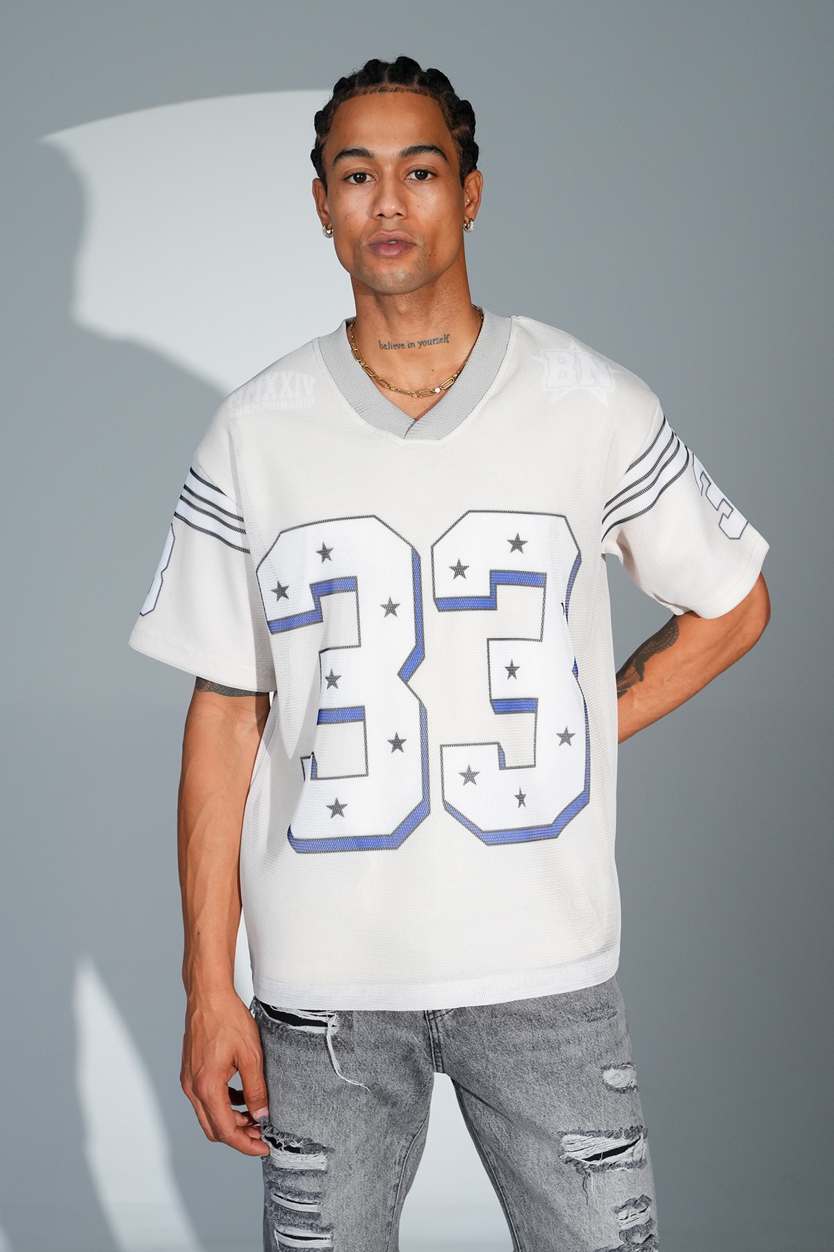 Printed V Neck Oversize T-Shirt - Beige
