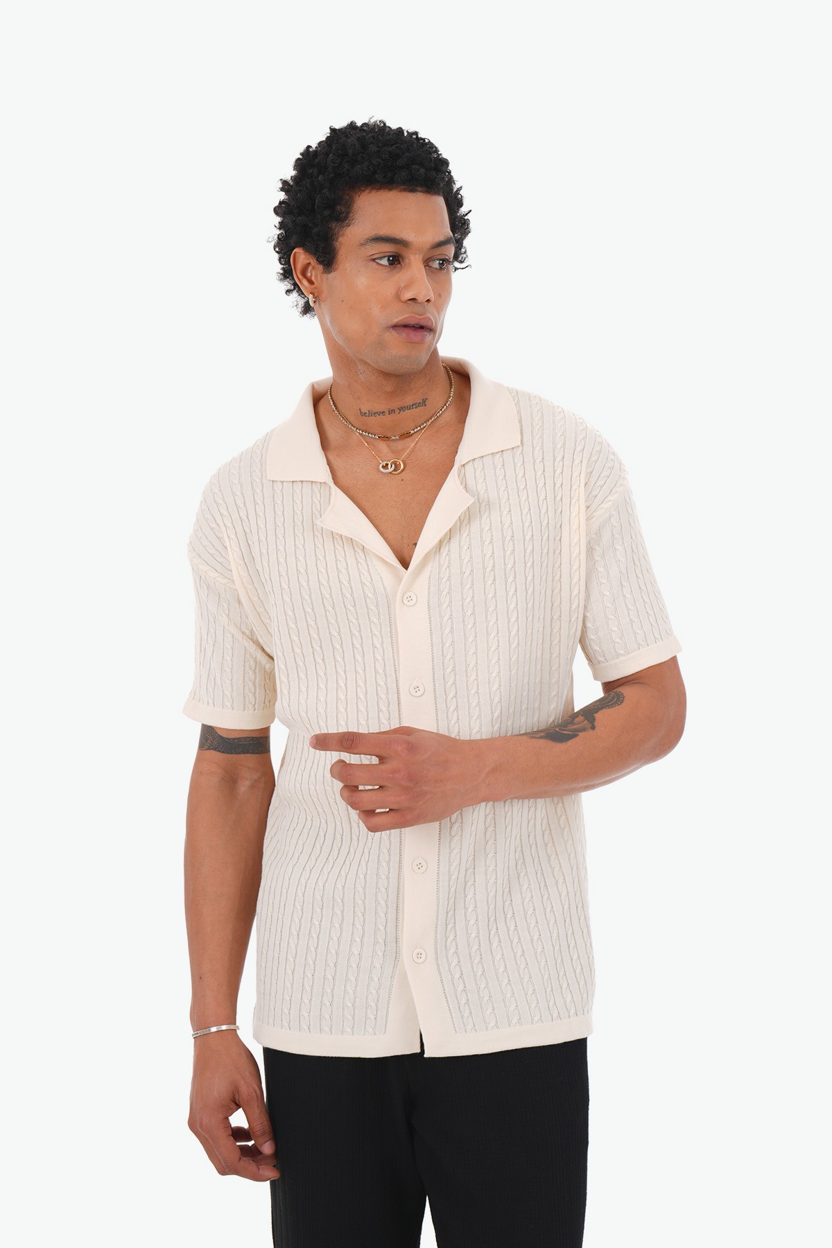 Thick Wick Pattern Acrylic Shirt - Ecru