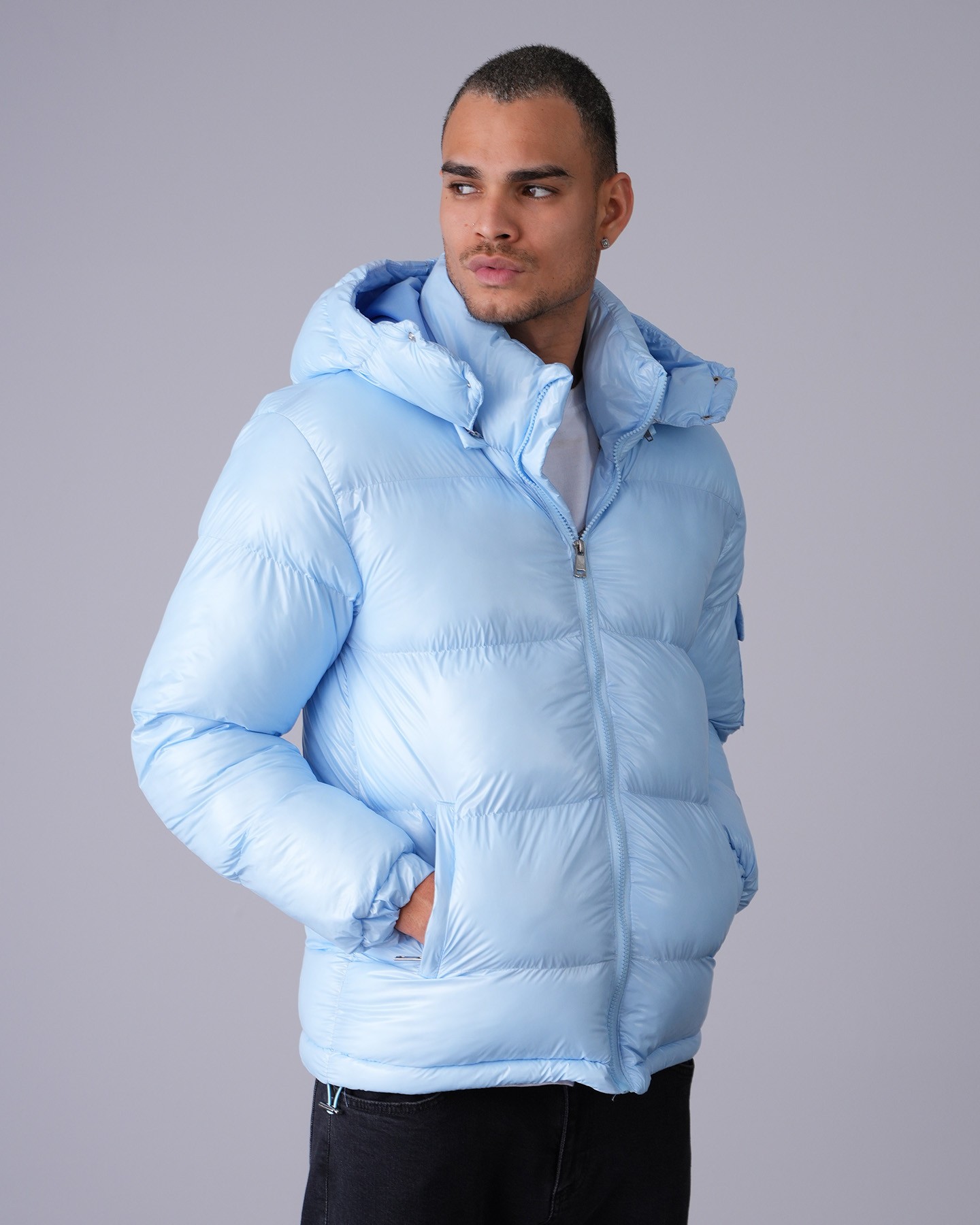 Shiny Hooded Puffer Jacket - blue