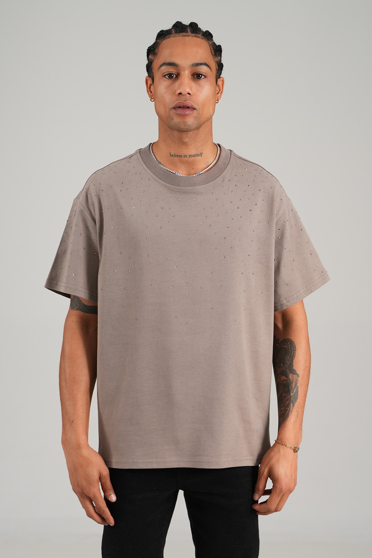Taş işlemeli Oversize Tişört - gray