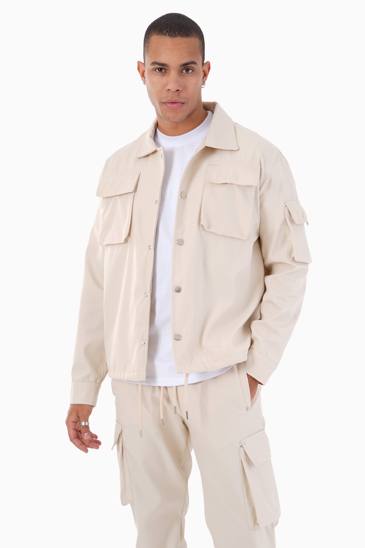 Veste avec boutons pression en métal - BEIGE