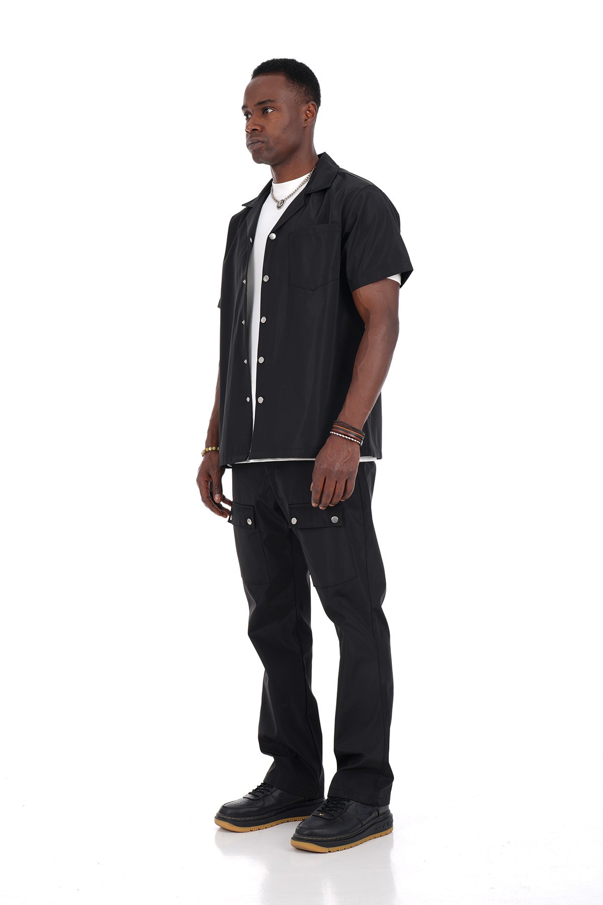Snap Fastener Short Sleeve Shirt and Trousers Set