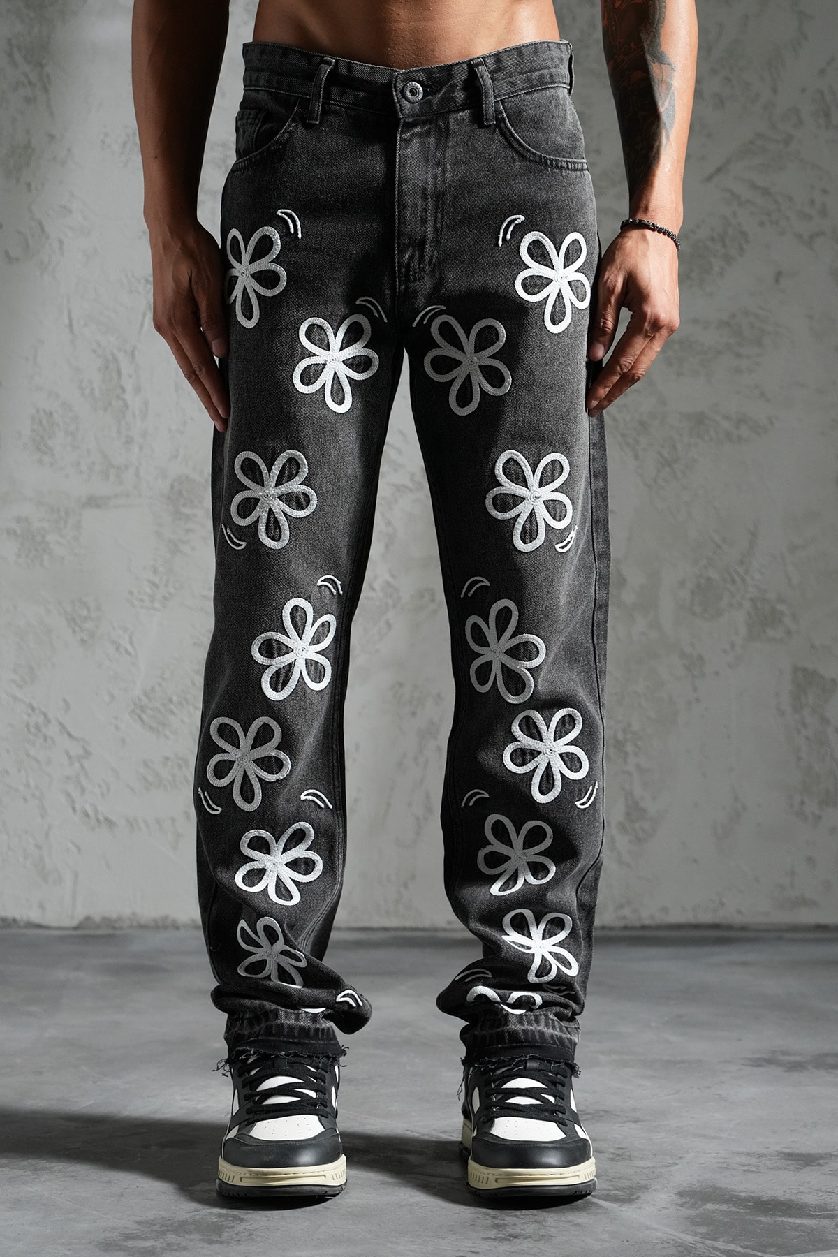 Çiçek Desen Flare Kot Pantolon - black