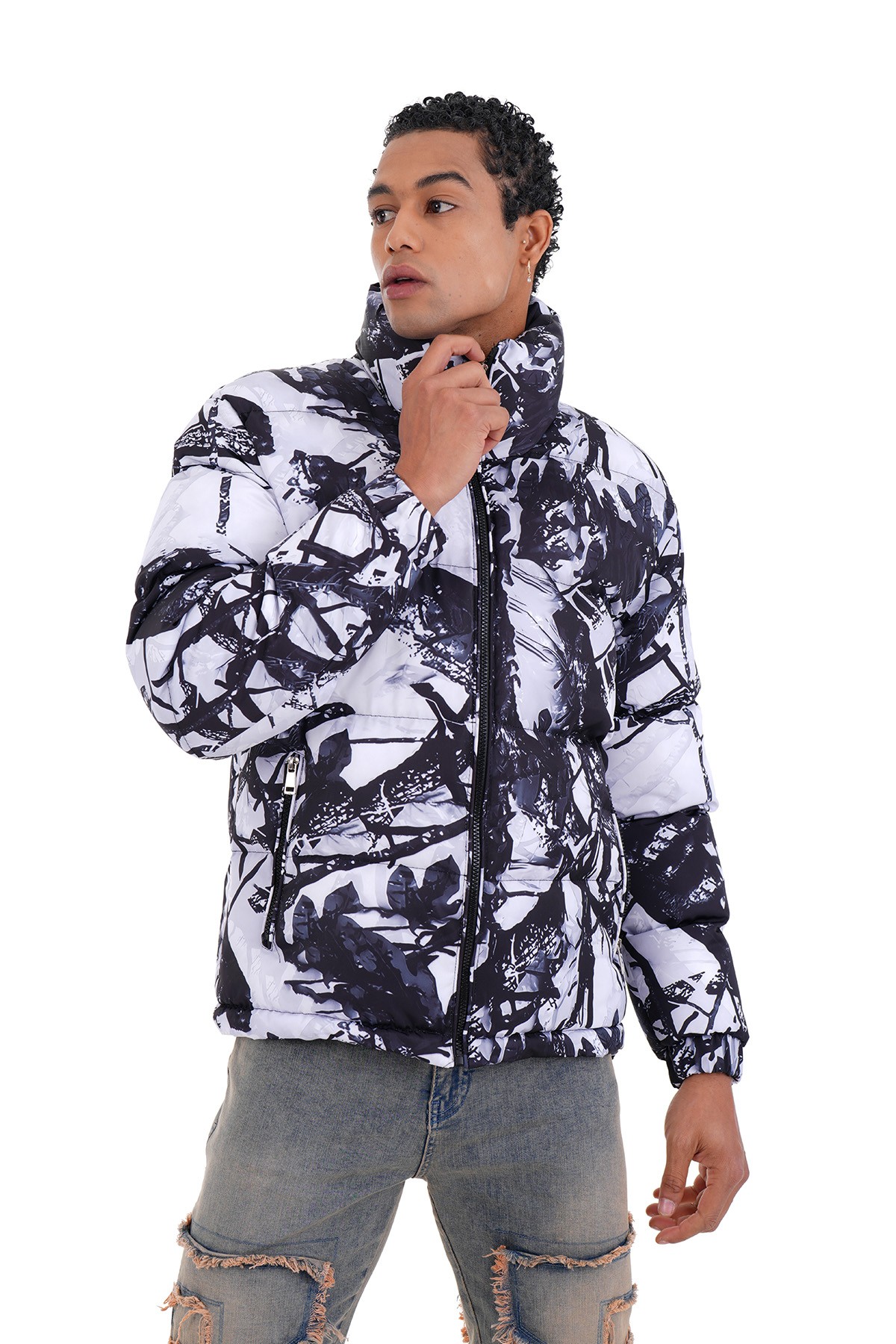 Mixed Pattern Puffer Jacket - Smoked