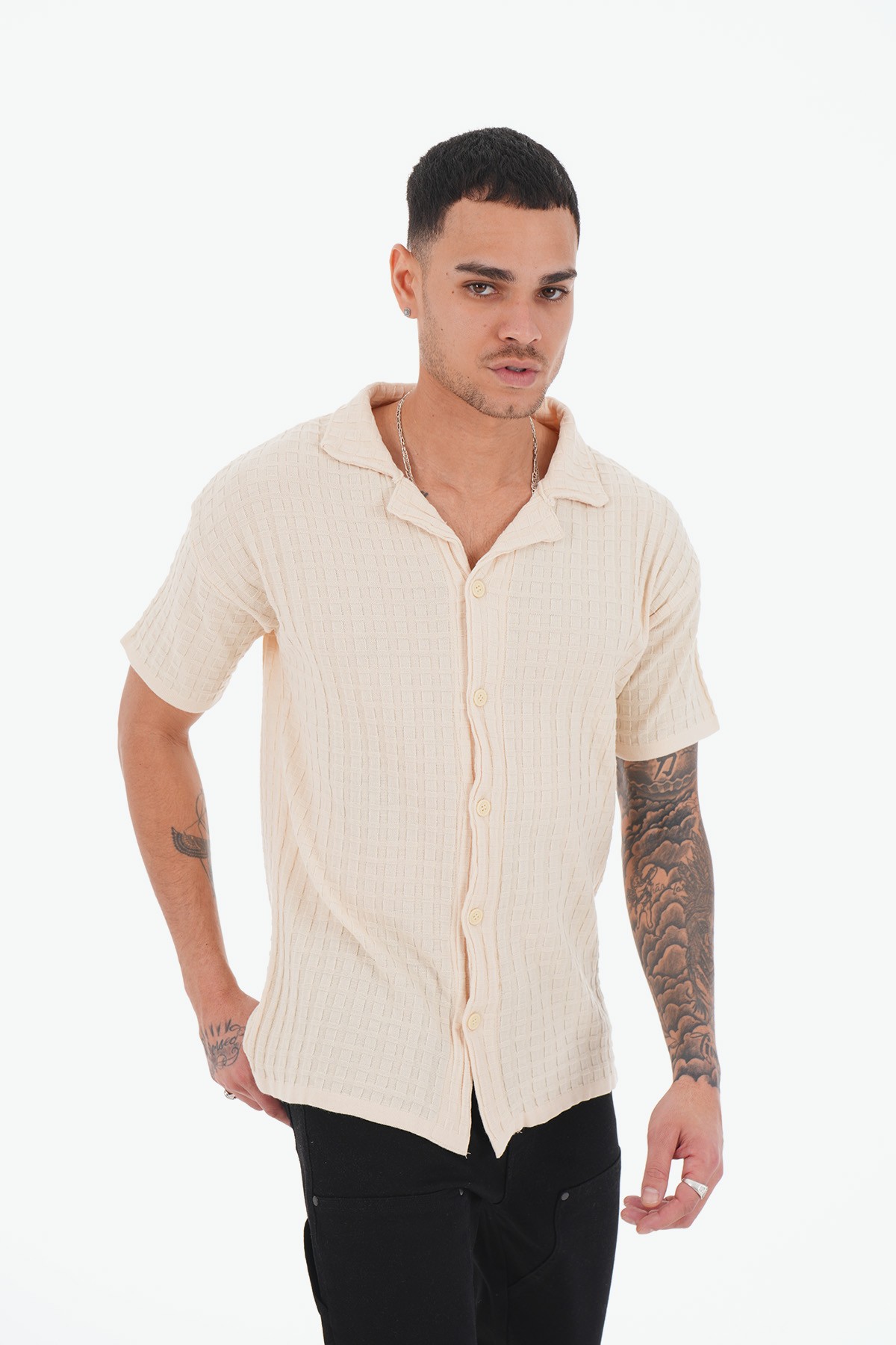 Mini Square Pattern Acrylic Shirt - Beige