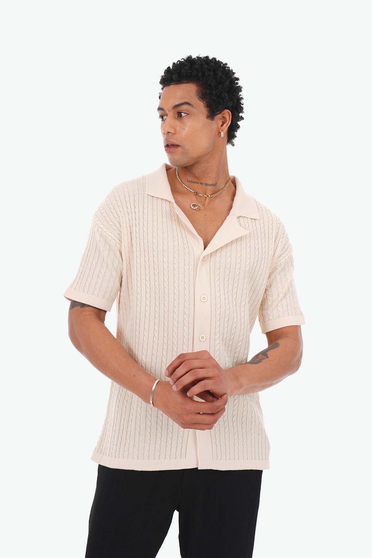 Thick Wick Pattern Acrylic Shirt - Krem