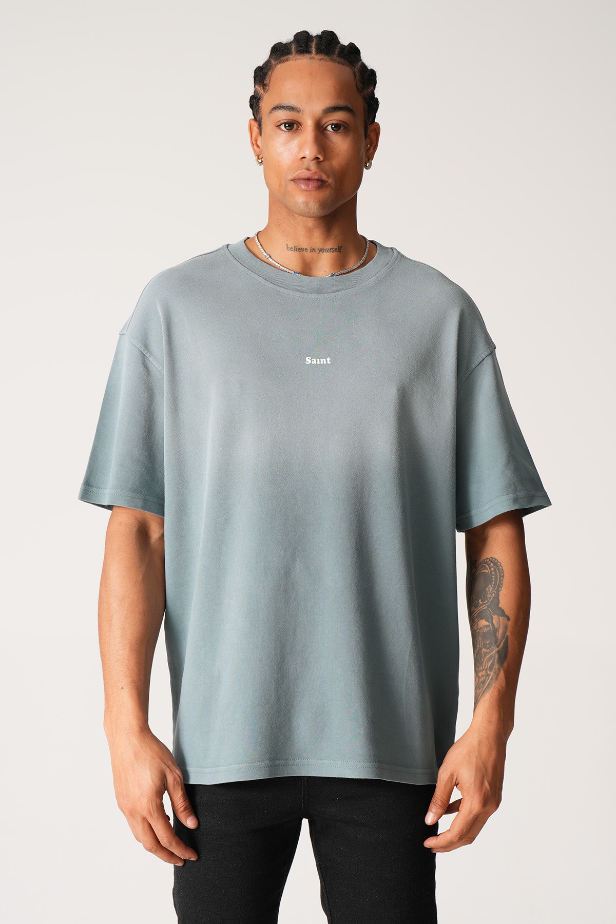 Saint Baskılı Oversize Tişört - Gri