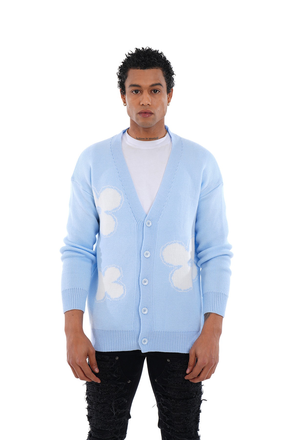 Daisy Motif Knitted Cardigan - blue