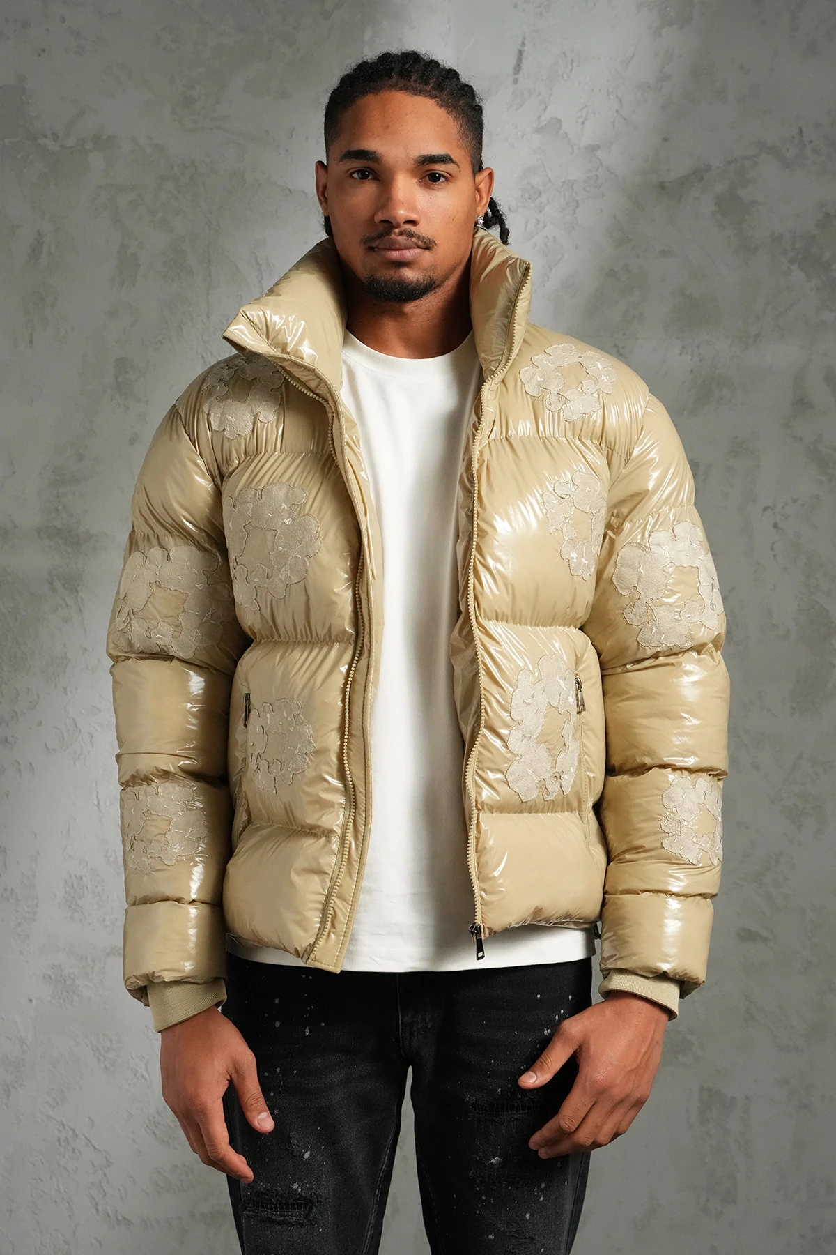 Çiçek Detaylı Şişme Mont - Beige