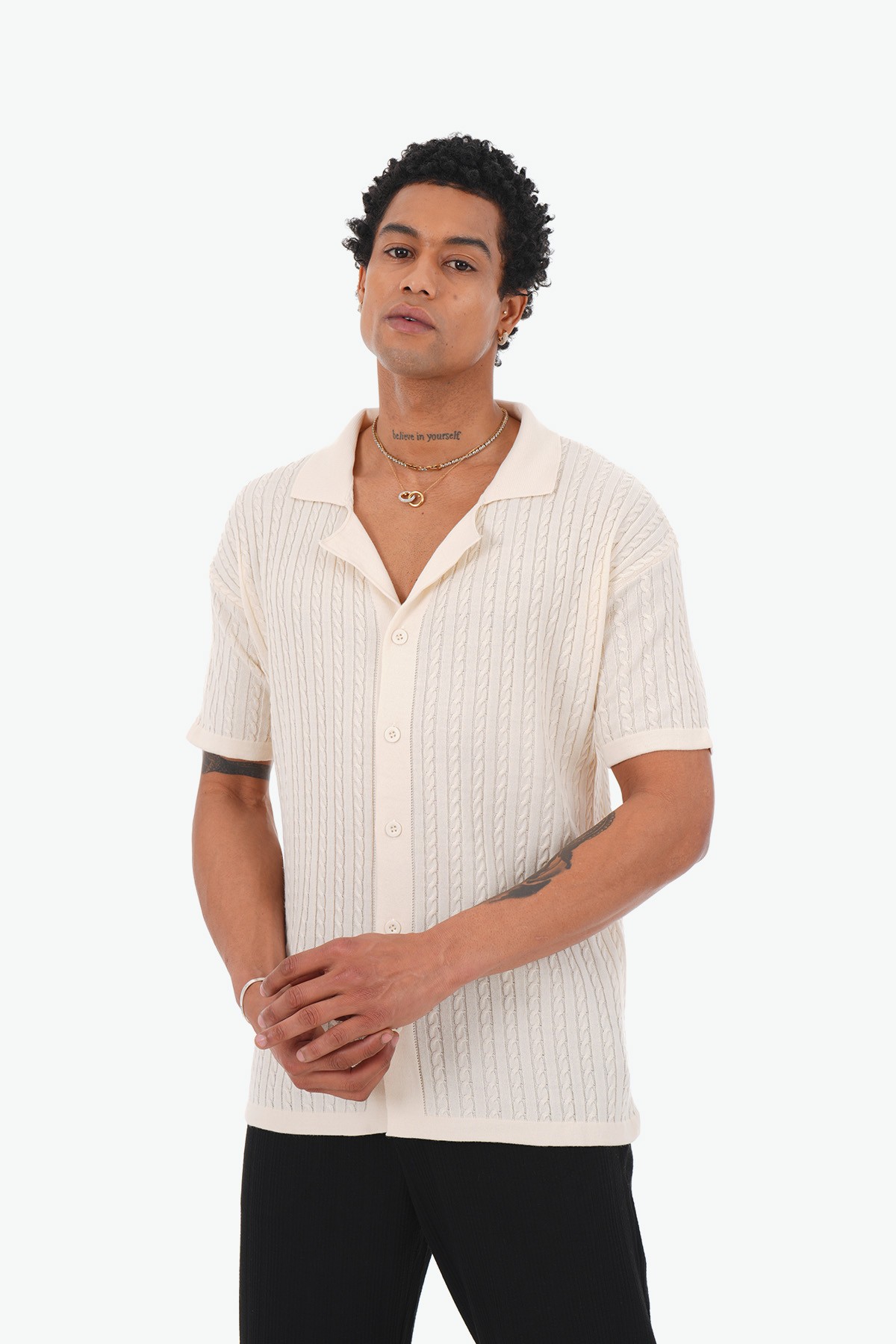 Thick Wick Pattern Acrylic Shirt - Ecru