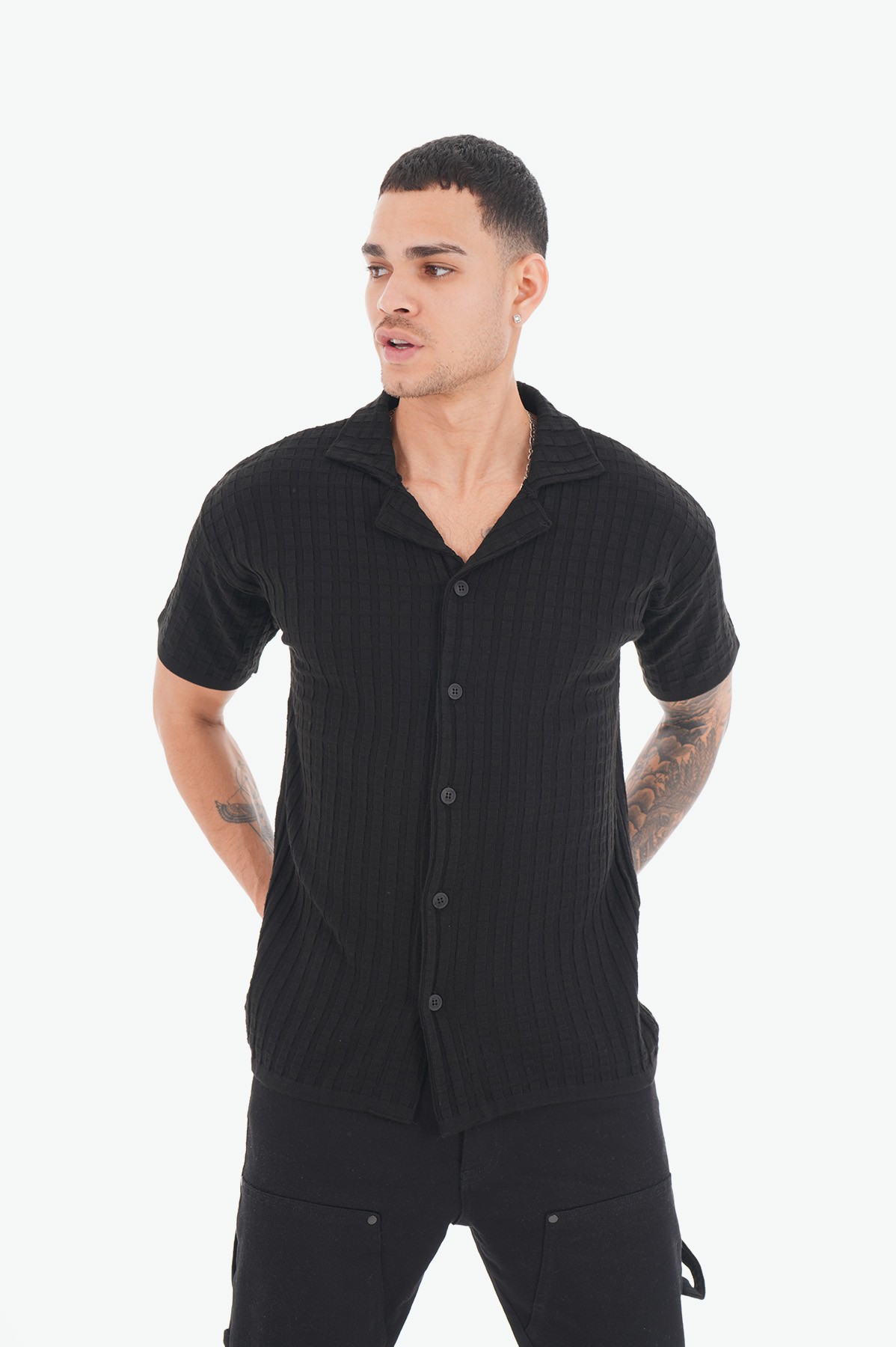 Mini Square Pattern Acrylic Shirt - black