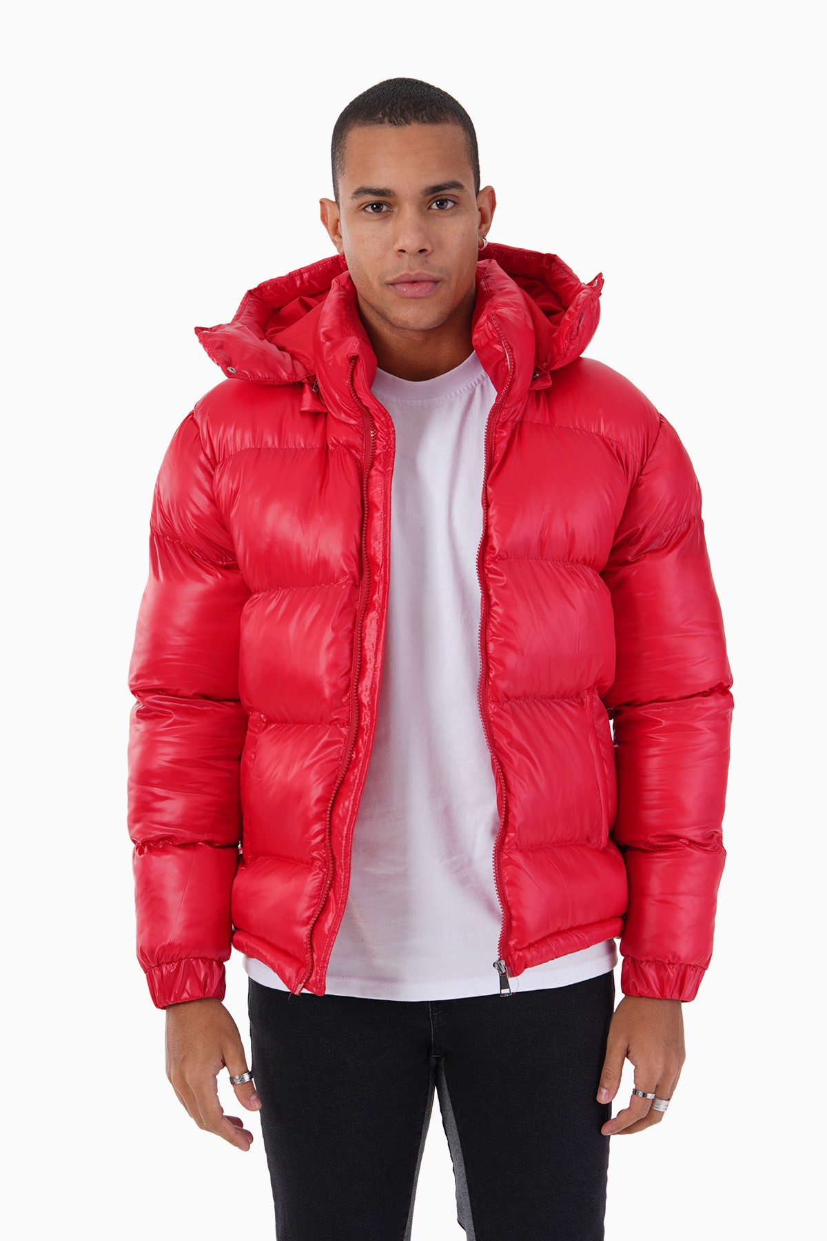 Shiny Hooded Puffer Jacket - red