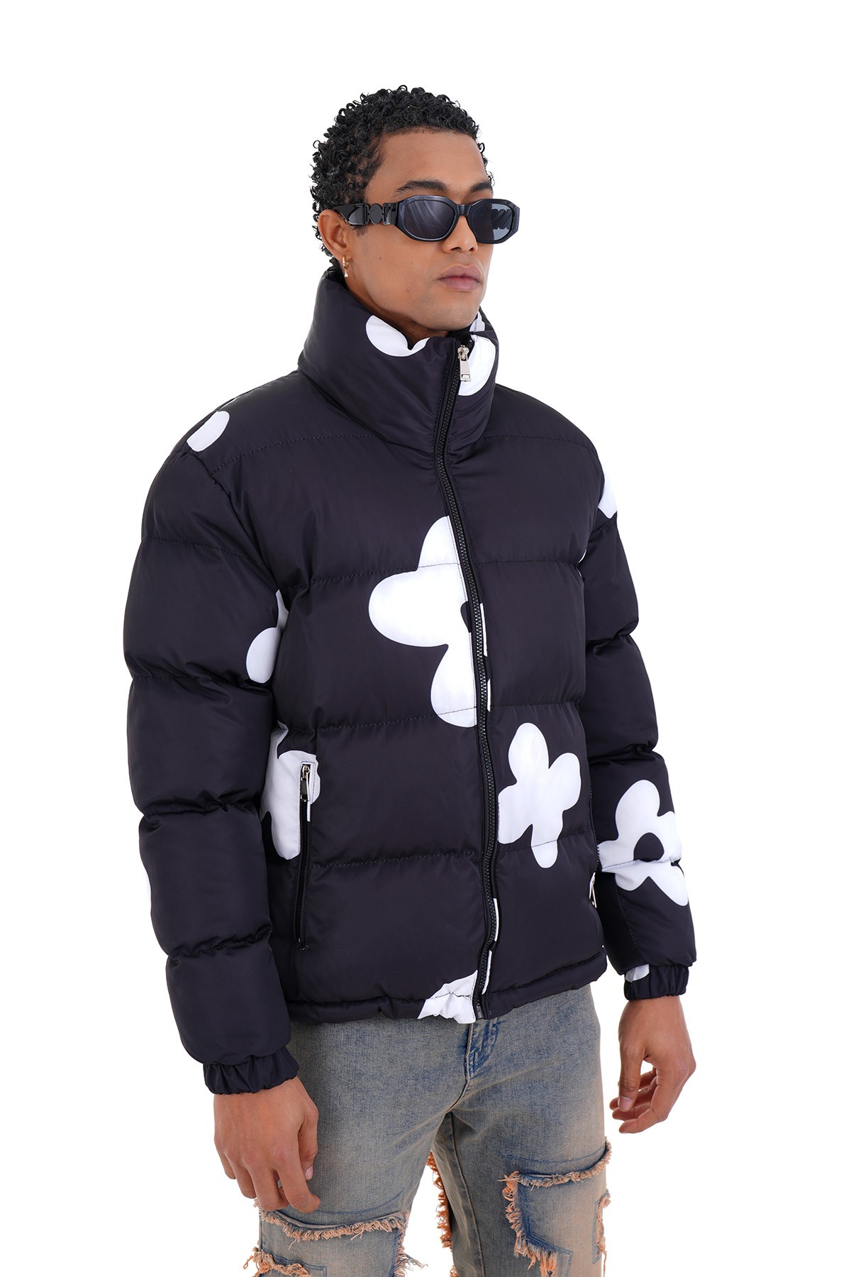 Mixed Pattern Puffer Jacket - black