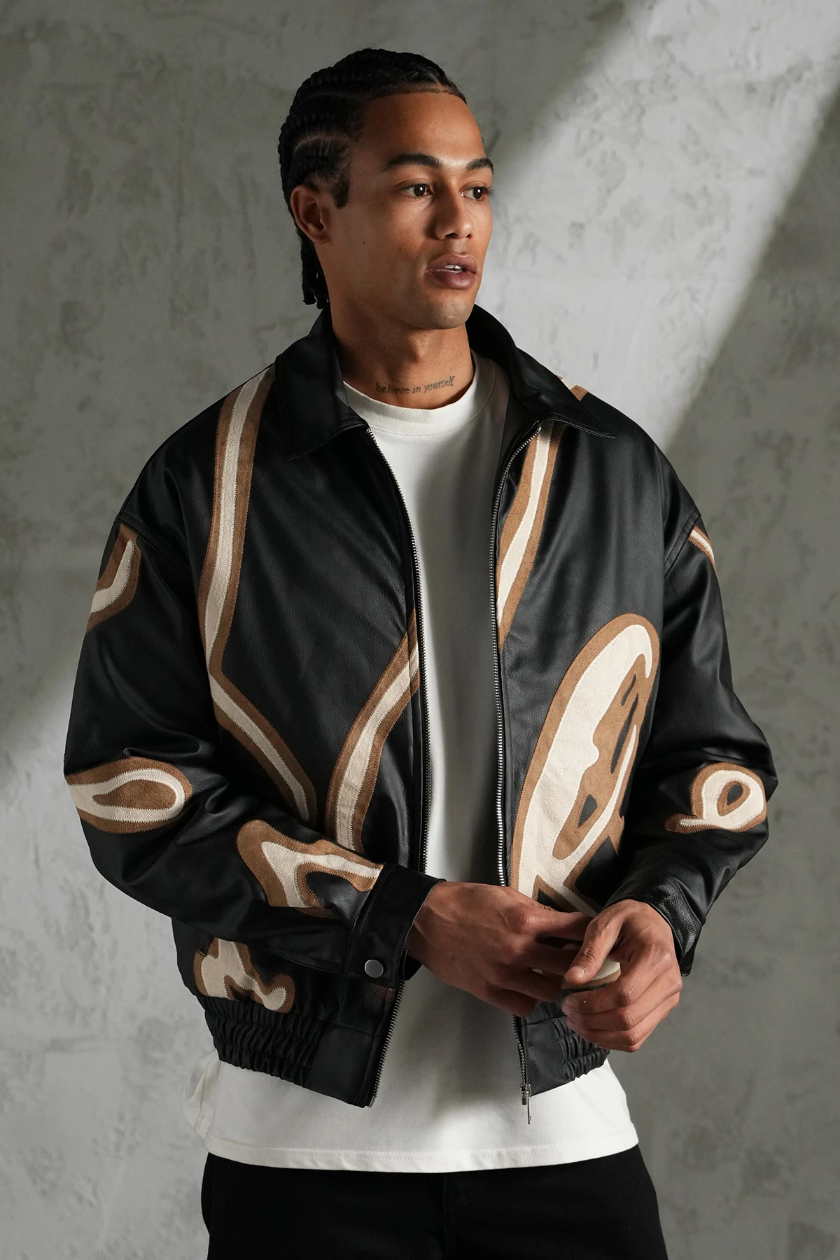 Stripe Detailed Leather Coat