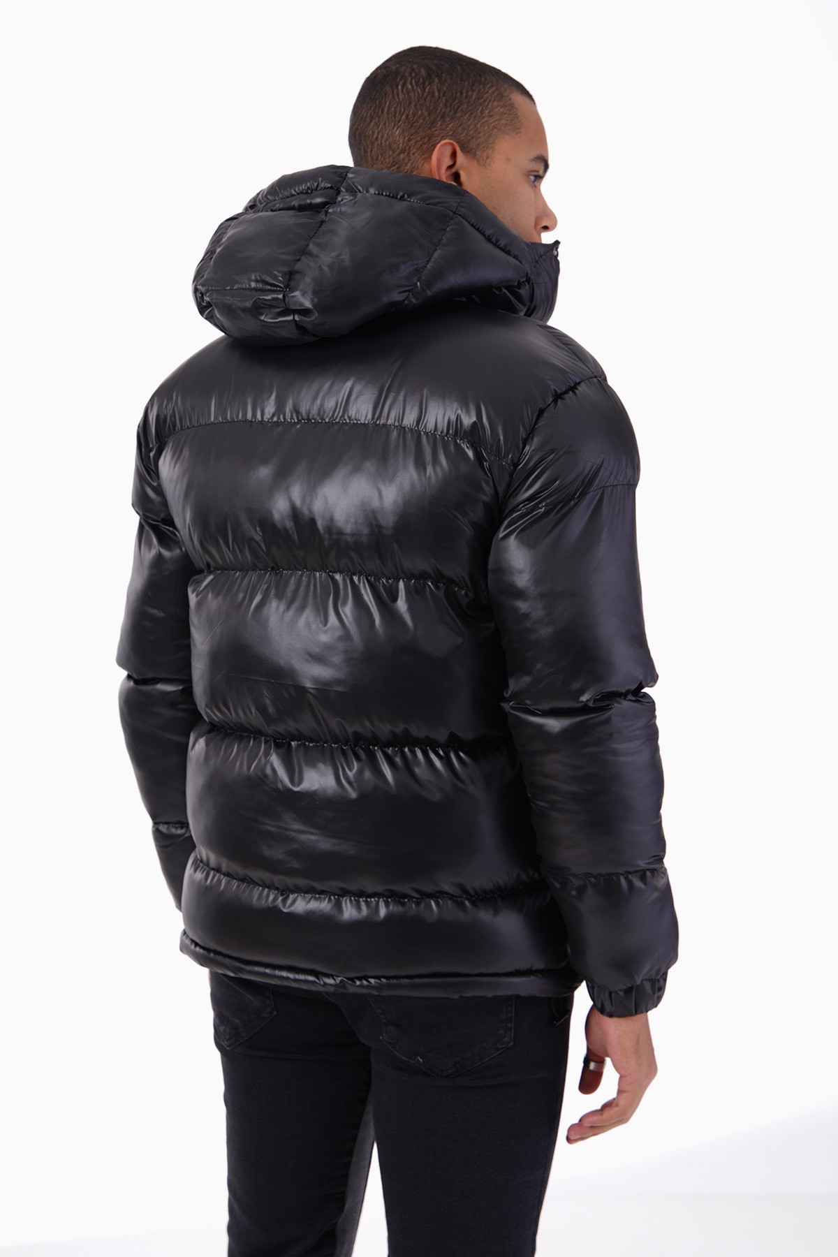 Shiny Hooded Puffer Jacket - black