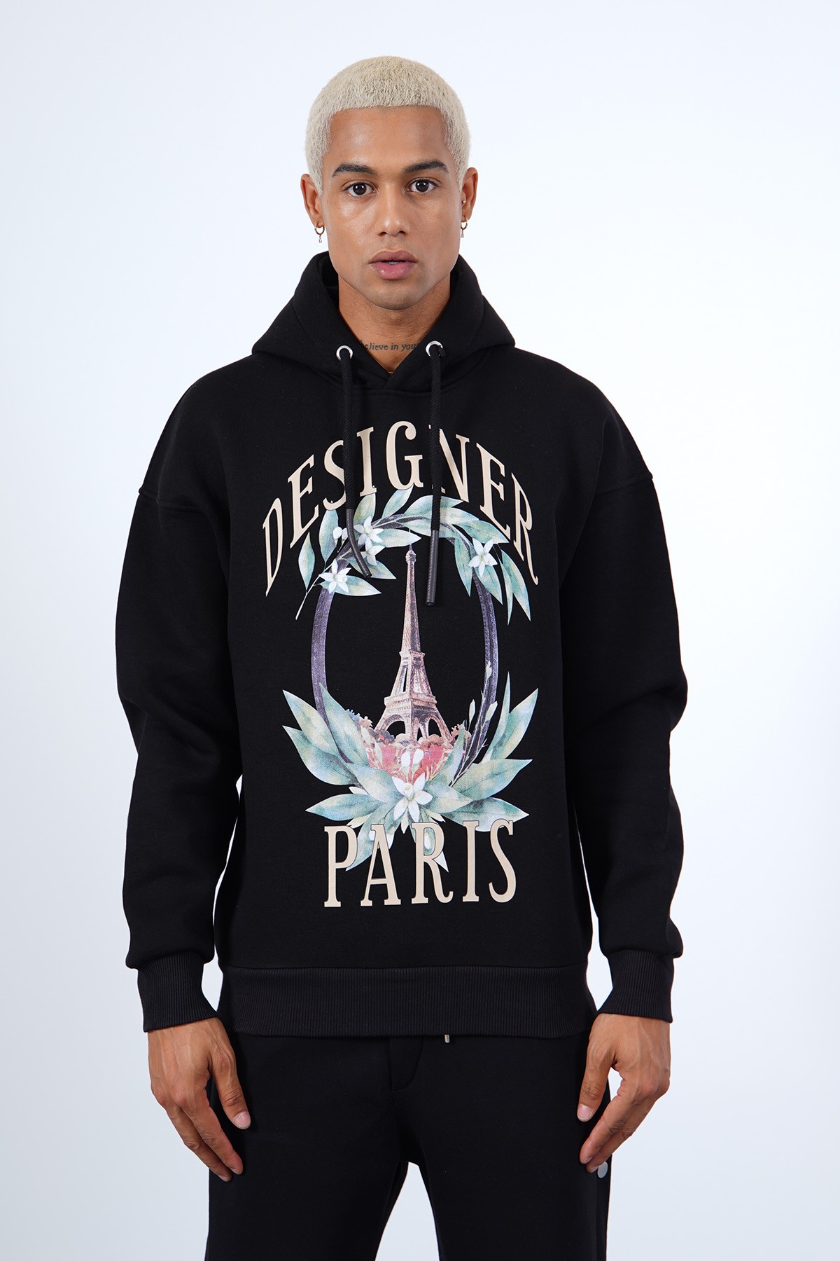 Designer Paris Baskılı Kapüşonlu Sweatshirt