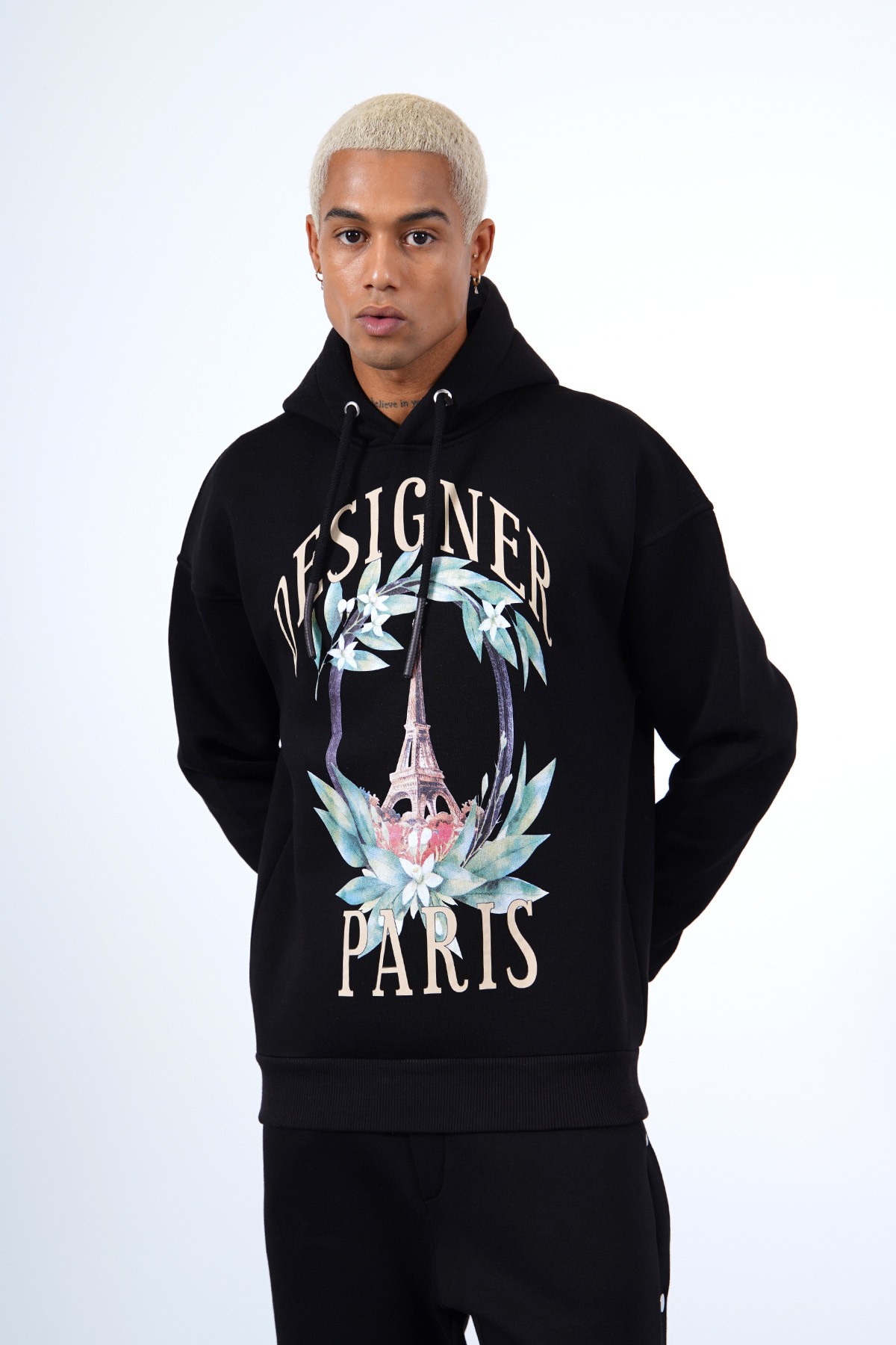 Designer Paris Baskılı Kapüşonlu Sweatshirt