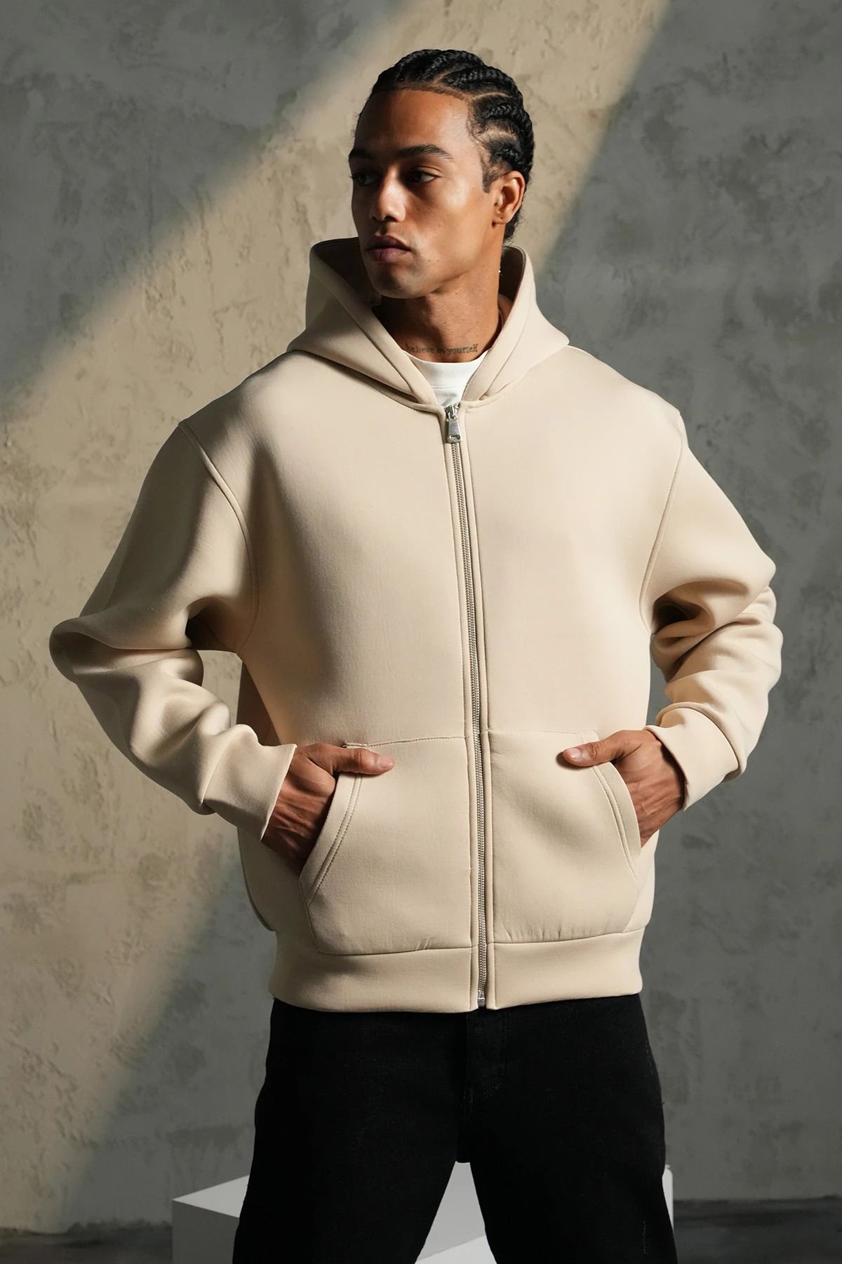 Kapüşonlu Maskeli Fermuarlı Sweatshirt - Bej