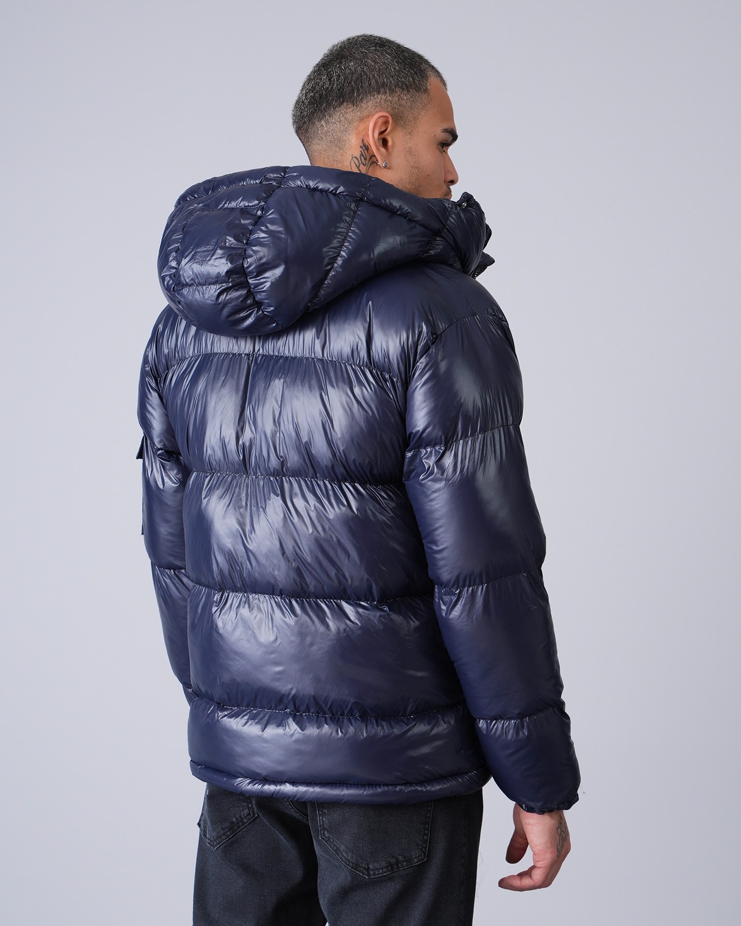 Shiny Hooded Puffer Jacket - Lacivert